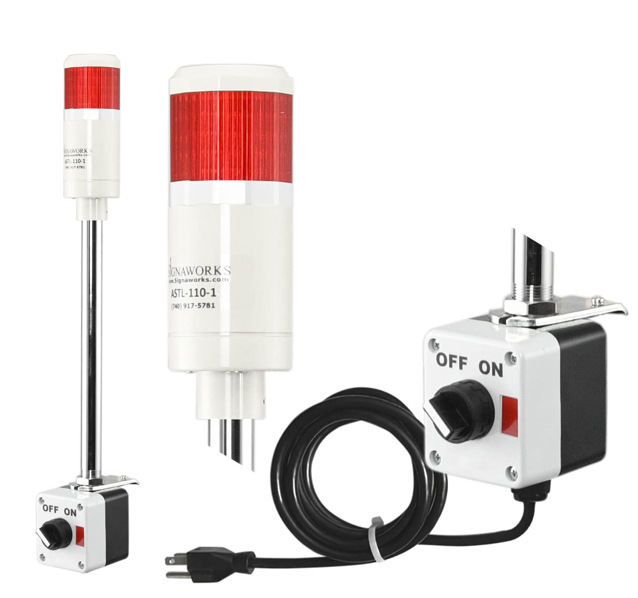Signaworks 1 Stack Super Bright Red LED Andon Tower Light - Off/Steady On Mode, 8ft Industrial Power Cord with 3-Prong Plug (OHSA Compliant, Plug & Play) - Perfect for Factory Assembly Lines, Warehouse Safety Alerts & Industrial Equipment Monitoring - Made in USA