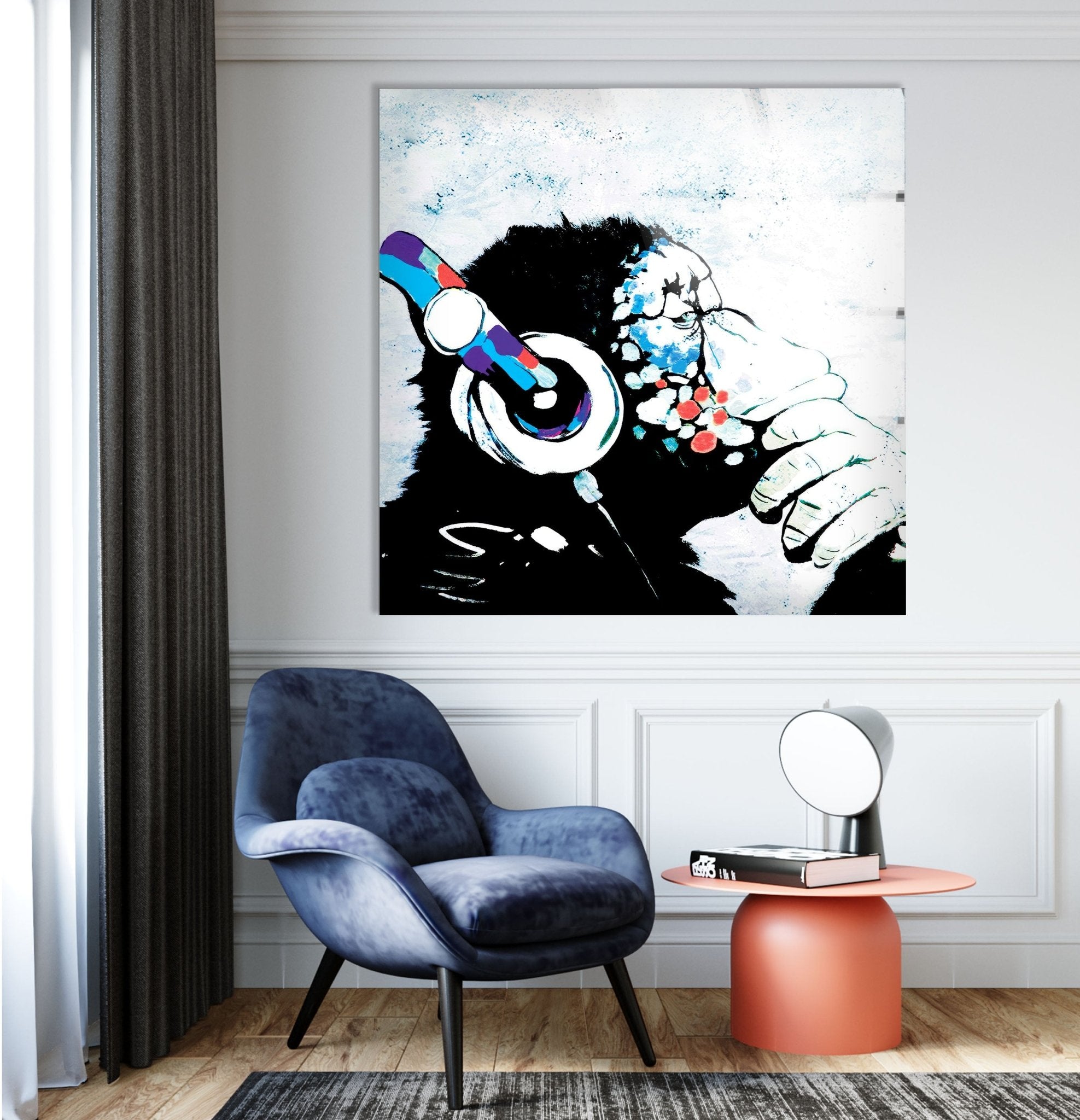 Banksy DJ Monkey Glass Wall Art - Modern Home Decor for Living Room, Bedroom & Office - Unique Street Art Gift for Music Lovers
