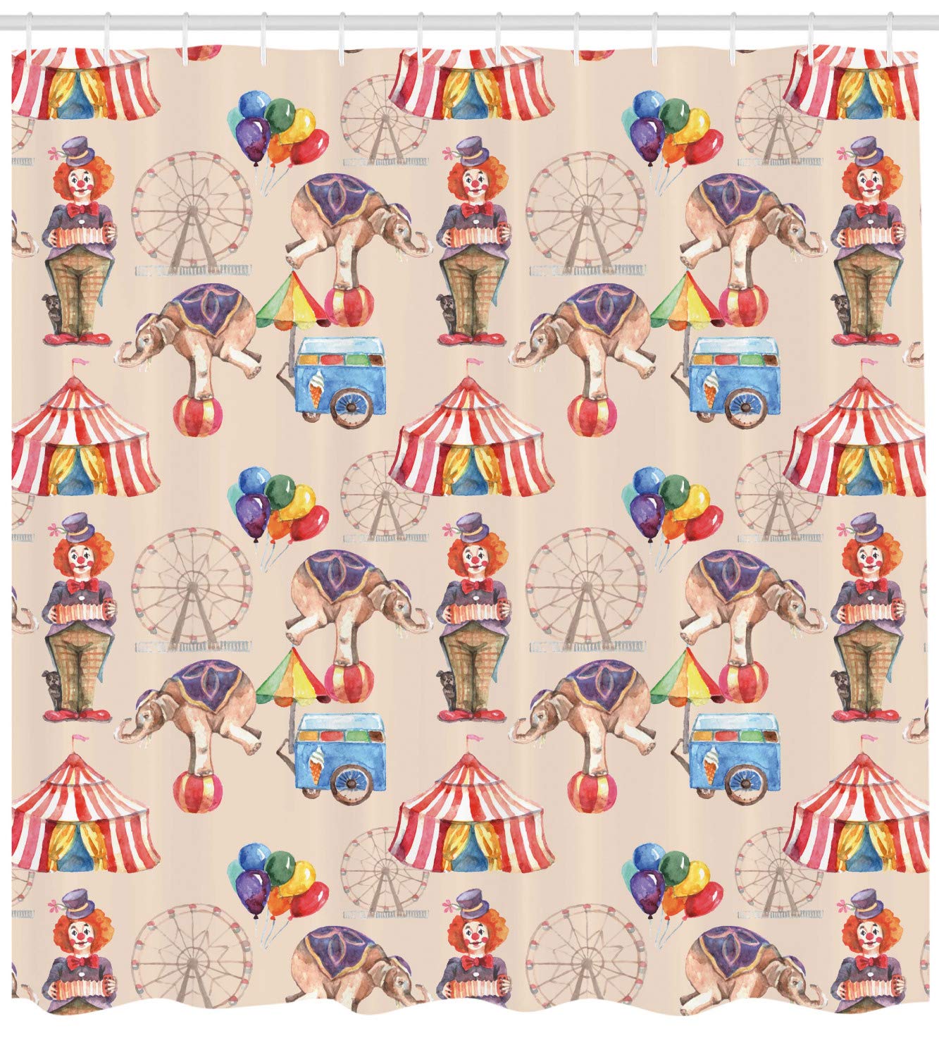 Ambesonne Ferris Wheel Shower Curtain - Watercolor Circus Theme with Elephant, Tent, Clown & Balloons | 105
