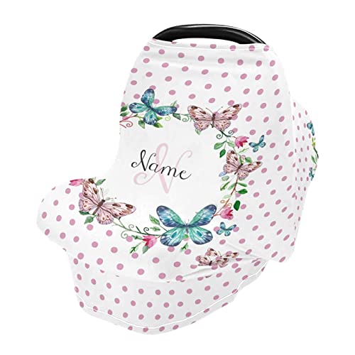Personalized Stretchy Baby Car Seat Cover for Newborns & Infants - Extra Soft Nursing Cover for Moms - Purple Butterfly & Pink Floral Design (13.4