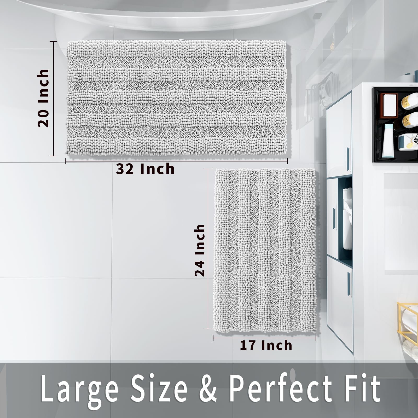 Luxury Chenille Bathroom Rugs Set of 2 - Extra Thick Non-Slip Quick Dry Bath Mats for Shower Floor, Soft Fluffy Microfiber Absorbent Machine Washable Bath Rugs (Silver Grey, 20
