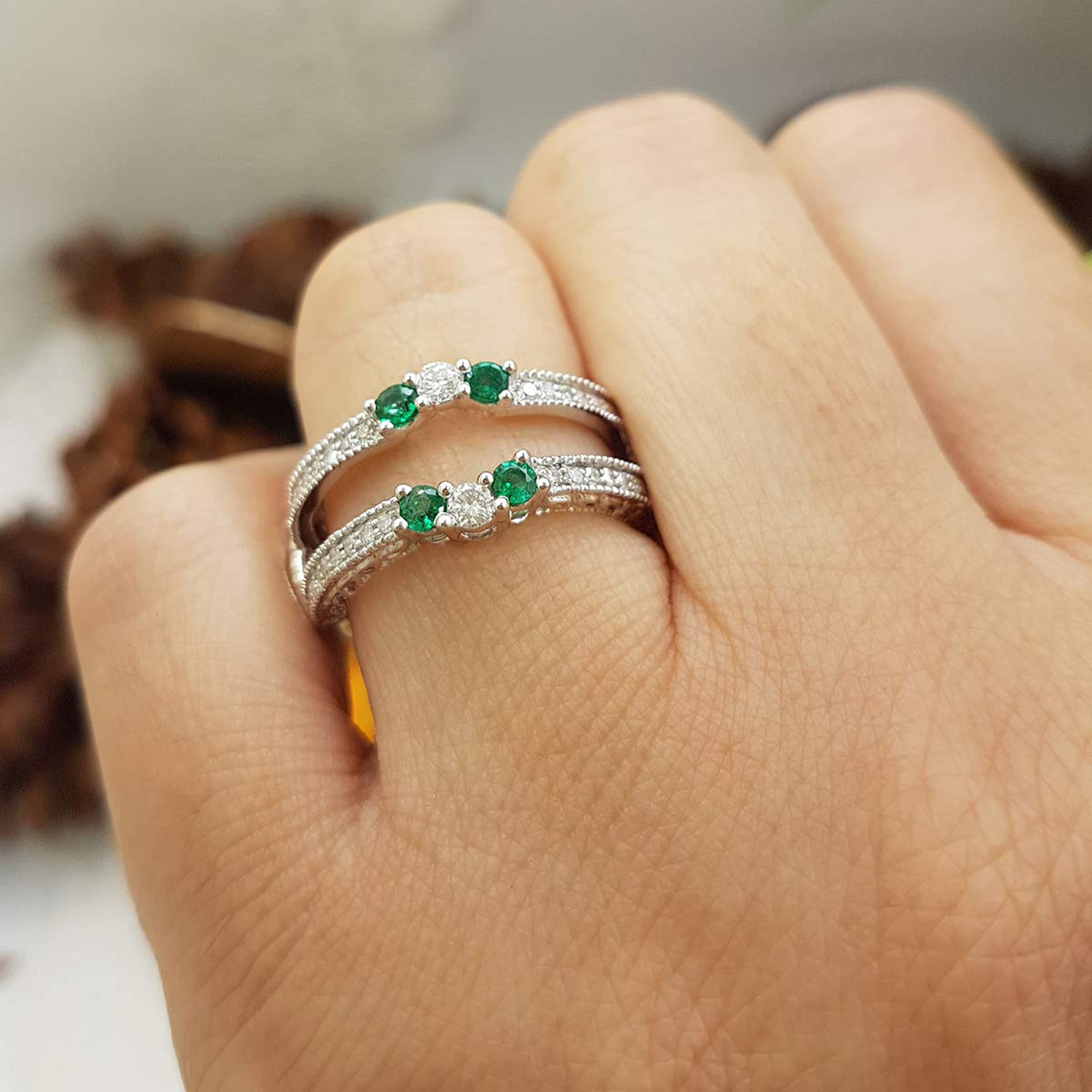 14K Solid White Gold Round Emerald & Diamond Women's Wedding Band Enhancer Guard – Anniversary Gift for Her, Perfect for Bridal Jewelry & Special Occasions