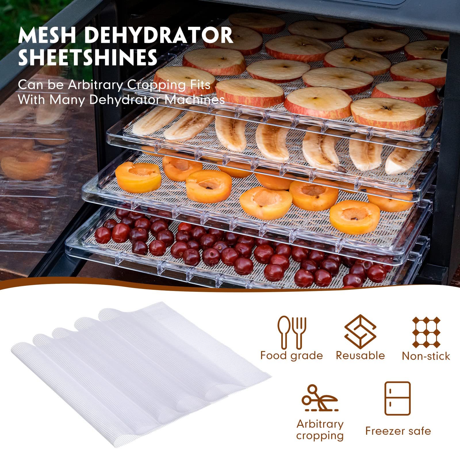Thenshop 8 Pcs Silicone Dehydrator Sheets with Edge + 10 Pcs Mesh Dehydrator Mats with Silicone Scraper - Non-Stick Fruit Leather Trays for Liquid, Meat & Fruit (Orange) - Perfect for Food Dehydrators, Jerky Making & Healthy Snacks
