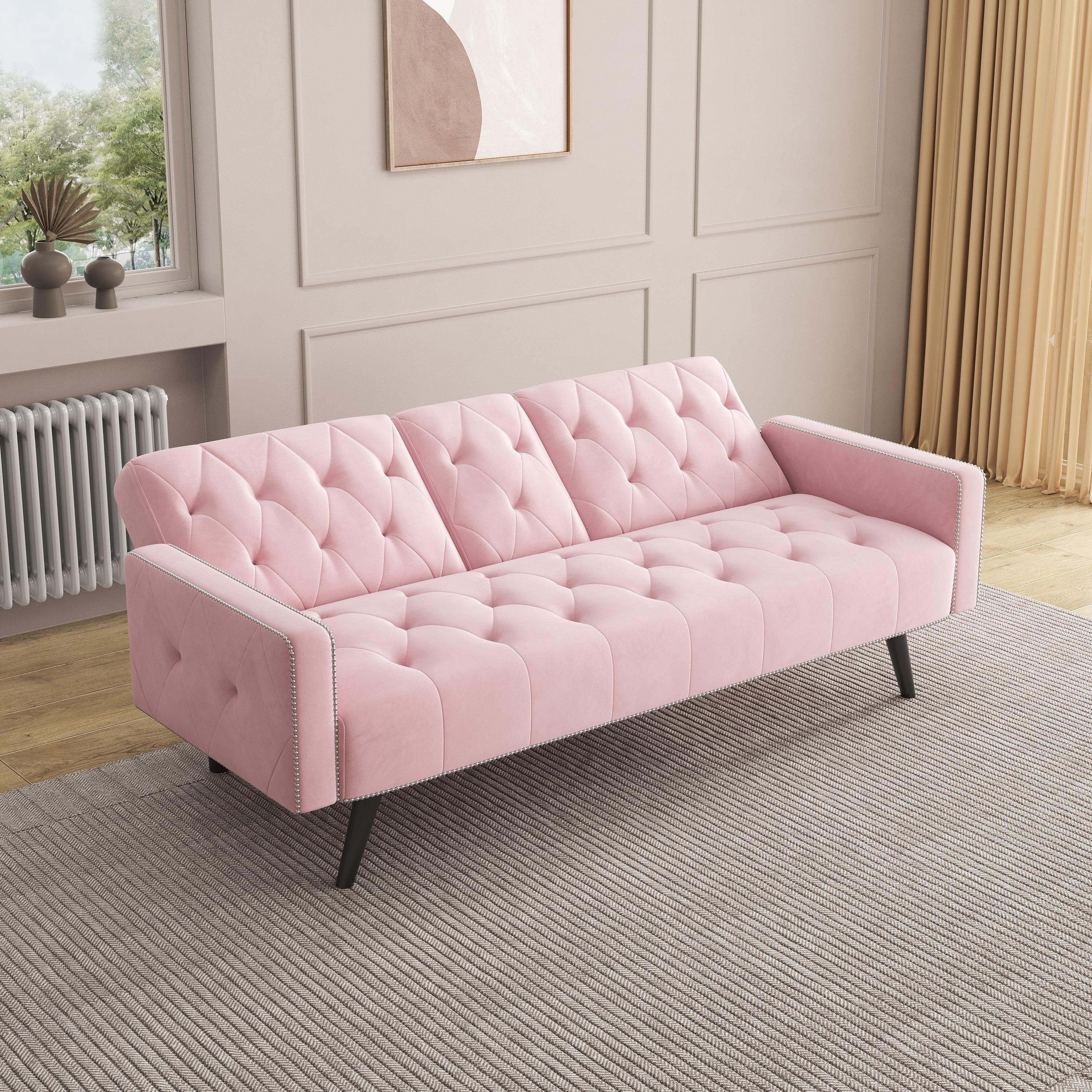 1730 Pink Velvet Sofa Bed with Armrests, Nail Head Trim & 2 Cup Holders - 72