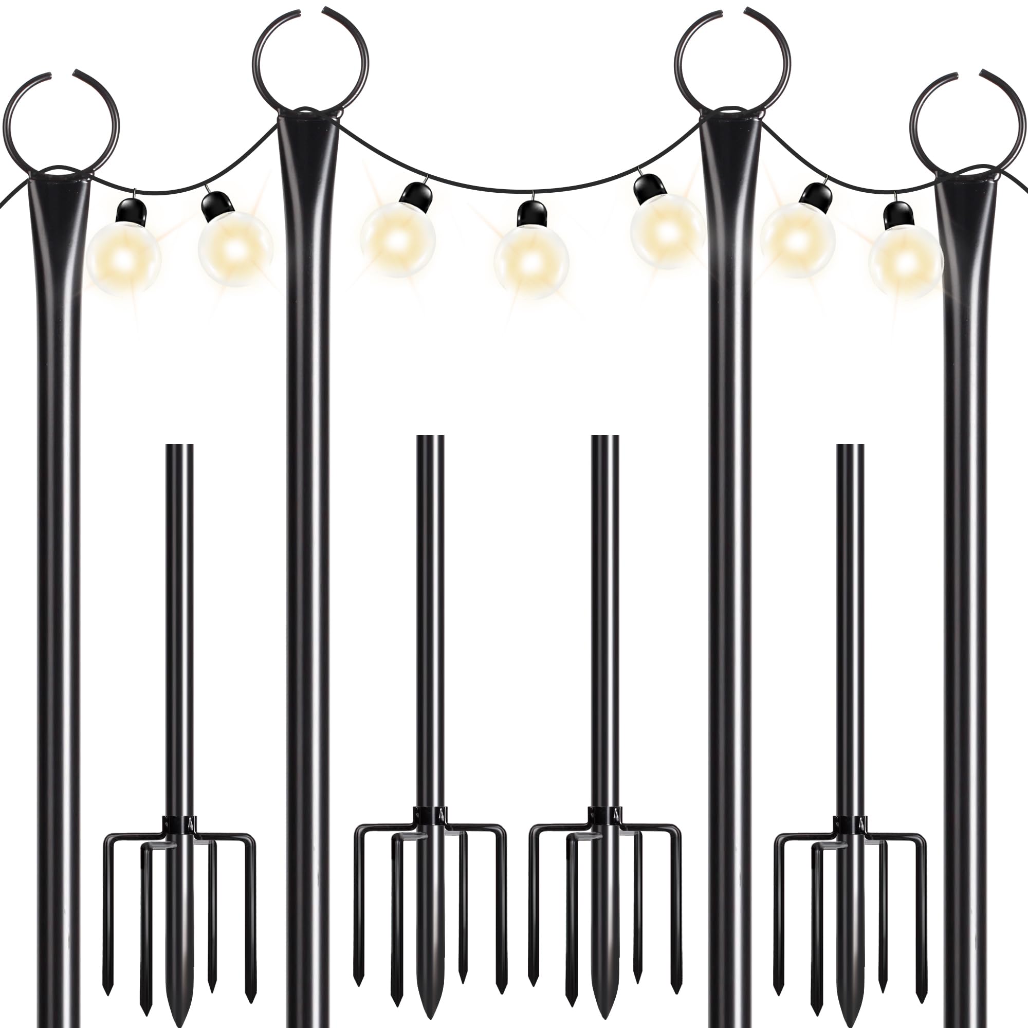Walensee 4 Pack String Light Poles with Hook - 9.4FT Outdoor Metal Lighting Poles for Hanging String Lights - Garden & Patio Decor - 5-Prong Fork Steel Stand Holder - Perfect for Holidays, Weddings, Easter, Parties & Backyard Gatherings - Create Magical Outdoor Ambiance