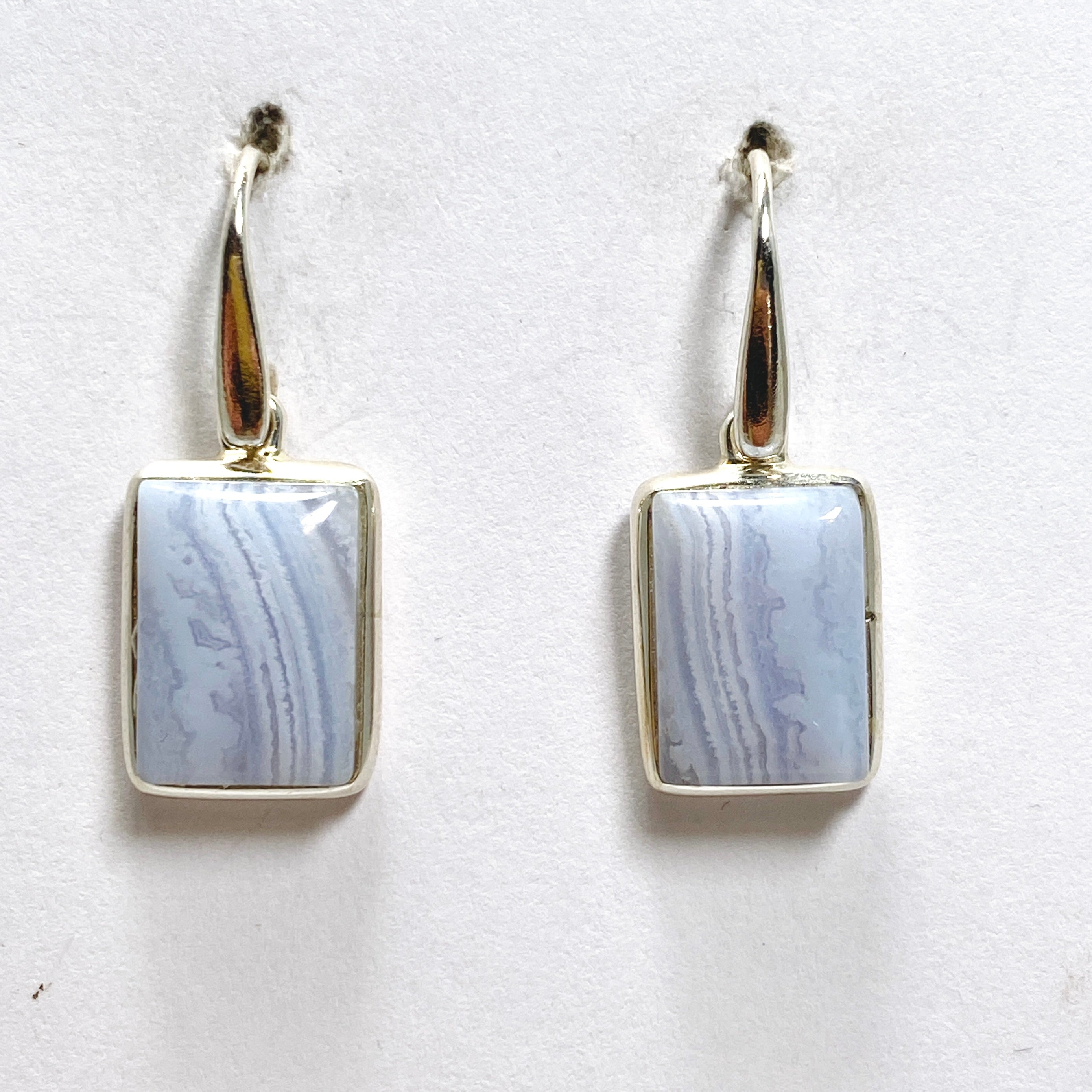 Blue Lace Agate Rectangular Cabochon Earrings - Handmade Sterling Silver Dangle Earrings for Women | Perfect for Weddings, Parties & Everyday Elegance