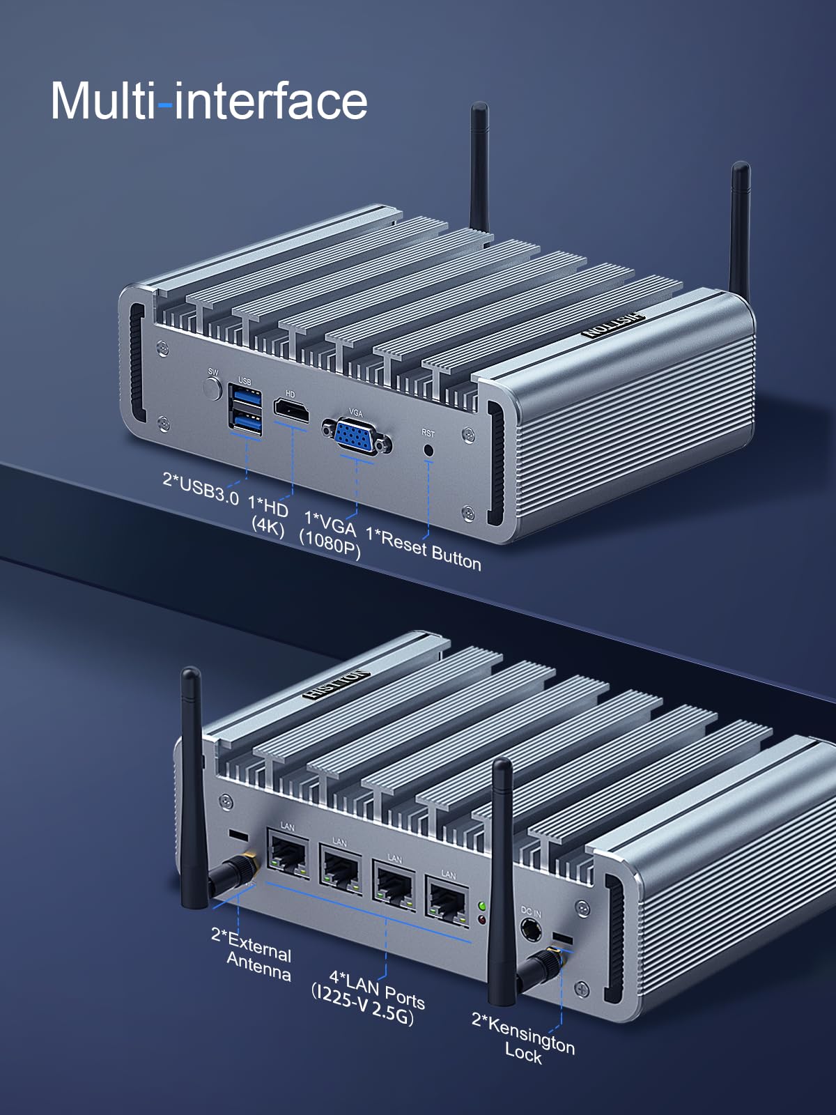 HISTTON Mini Firewall PC - Fanless Micro Firewall Appliance with Intel Celeron J4125, 8GB RAM & 128GB SSD, 2.5GbE LAN, OPNsense/Pfsense Compatible, AES-NI, HD/VGA, SIM Slot - Ideal for Home & Small Business Network Security