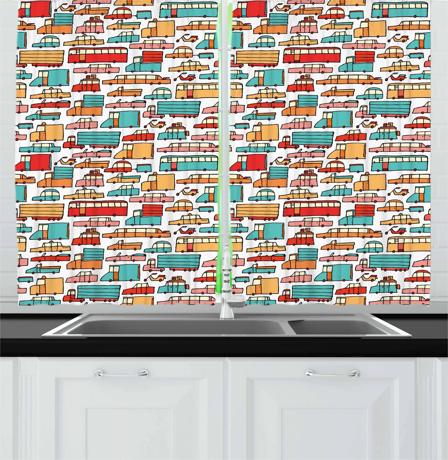 Ambesonne Cars Long Kitchen Curtains - Vintage Vehicle Print Drapes with Rod Pocket (55