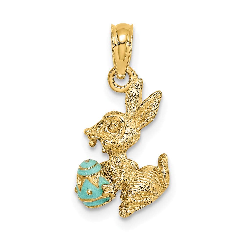 14K Solid Yellow Gold 3D Aqua Enamel Easter Bunny Egg Charm Pendant - 19mm x 10mm - Perfect for Easter Jewelry, Gift Giving & Charm Bracelet Collection
