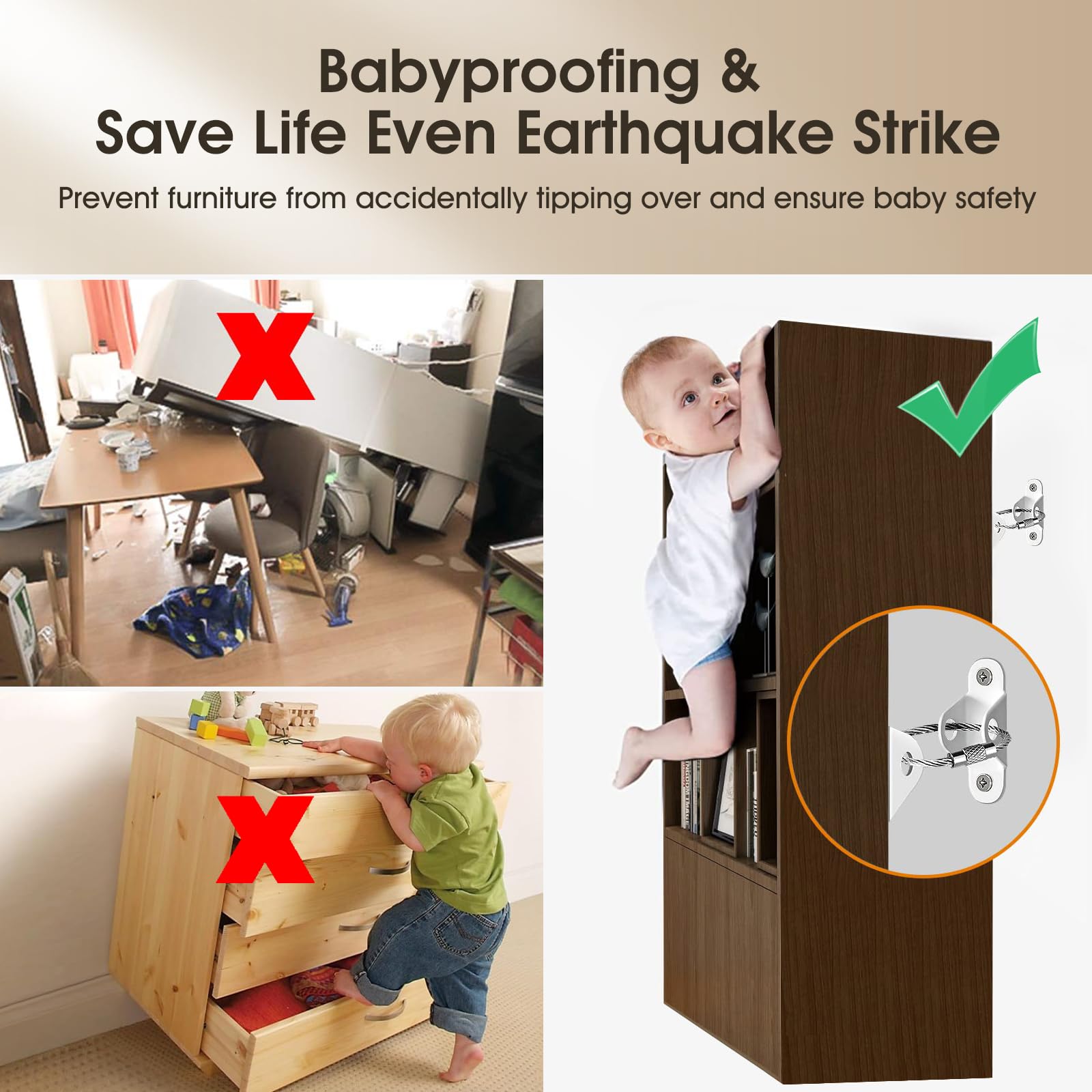 Baby Proofing Furniture Anchors & Straps - Anti-Tip Safety Straps for Furniture (60lbs Capacity) - Secure Cabinets, Dressers & TVs for Child & Pet Safety - Ideal for Earthquake Protection & Home Safety (1-Pack)    **Usage Scenarios:** Perfect for securing bookshelves, dressers, TV stands, and cabinets to prevent tipping accidents, ensuring child and pet safety in homes, nurseries, and daycare centers. Also ideal for earthquake-prone areas.