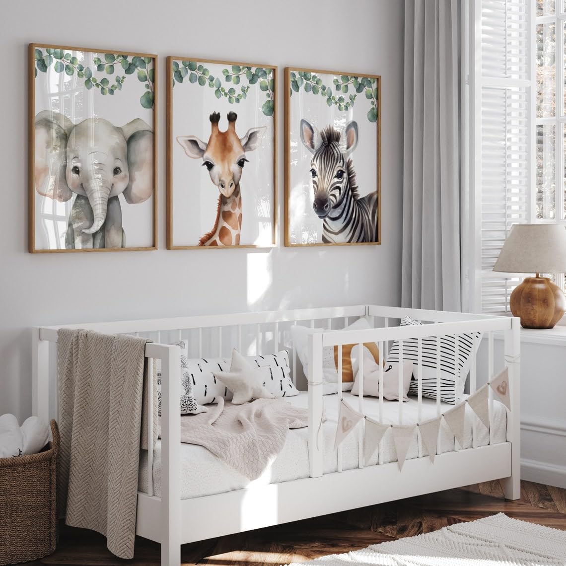 Set of 3 Safari Animal Canvas Prints - Jungle Theme Nursery Wall Art with Giraffe & Zebra - Gender Neutral Kids Room Decor - Ready to Hang Paintings for Boys & Girls Bedrooms - Perfect for Nursery, Playroom or Classroom Decor