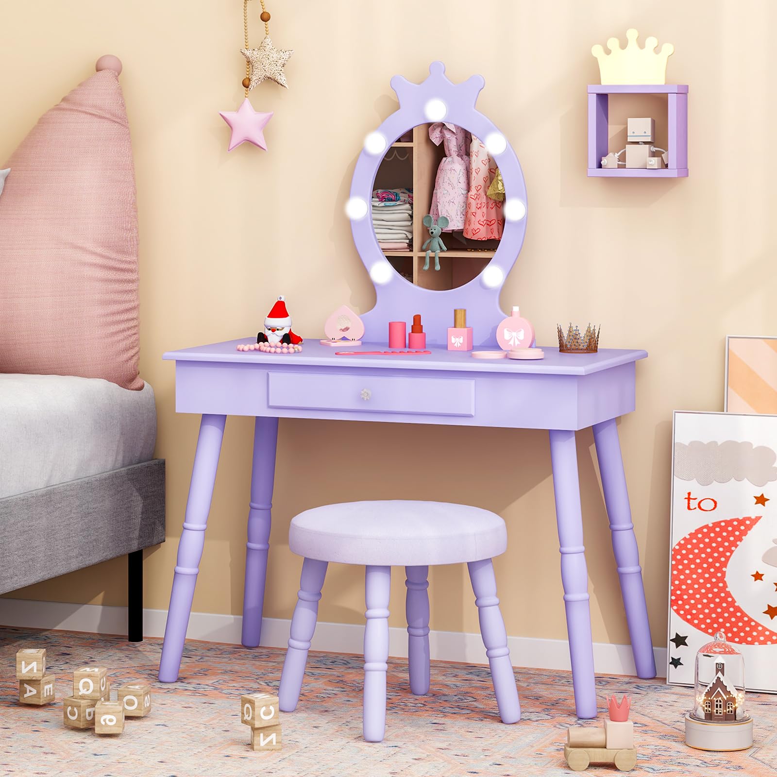 Costzon Kids Vanity Set with Mirror, Stool & LED Lights - 2-in-1 Wooden Makeup Dressing Table with Drawers for Girls - Pretend Play Toddler Vanity Desk & Chair Set (Violet) - Perfect for Birthday Gifts & Princess Room Decor