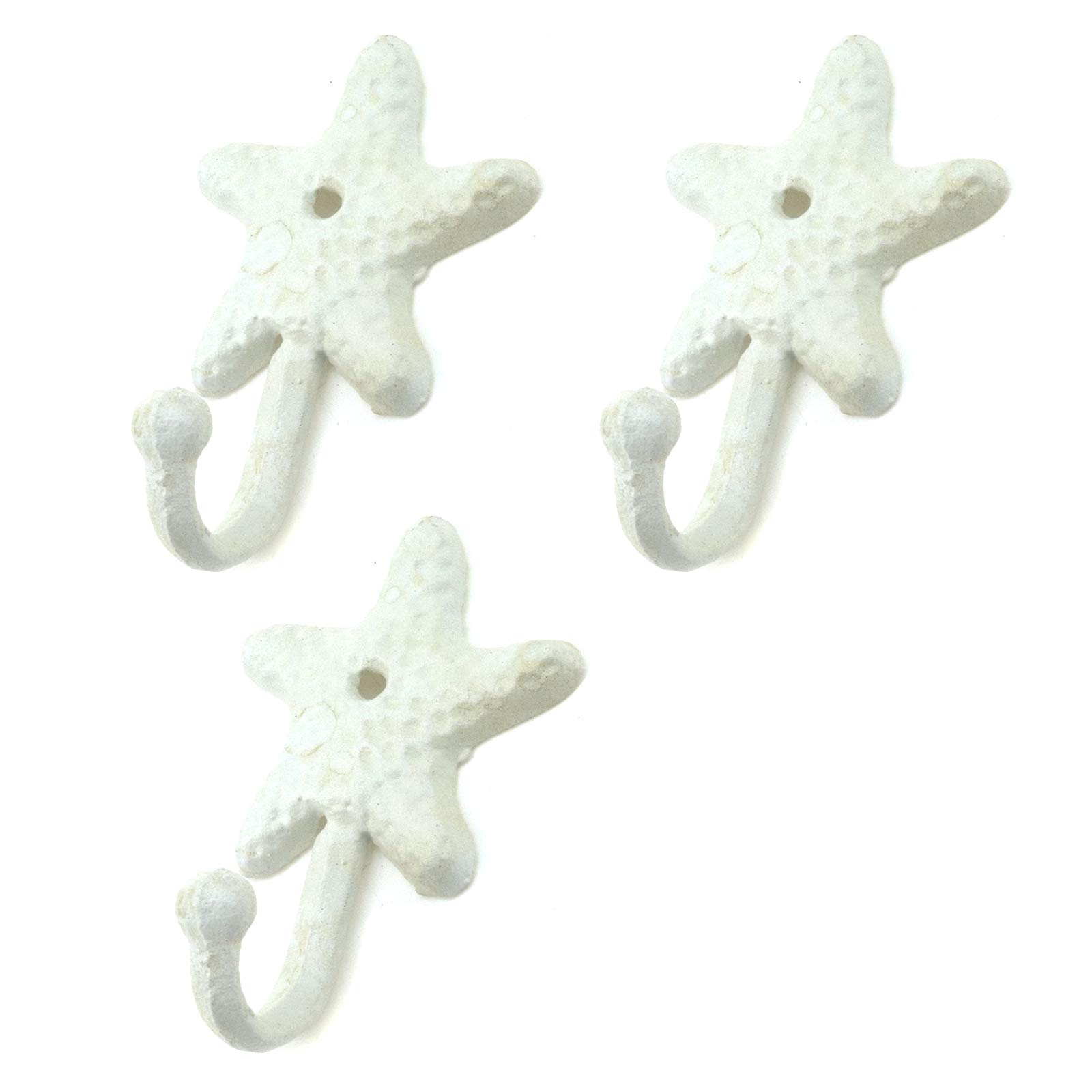 MY MIRONEY White Starfish Wall Hooks - Pack of 3, Decorative Sea Star Shaped Single Hook for Coats, Keys, Hats, Towels & Robes - Rustic Coastal Wall Hangers with Screws - Perfect for Bathroom, Bedroom, Beach House & Nautical Decor