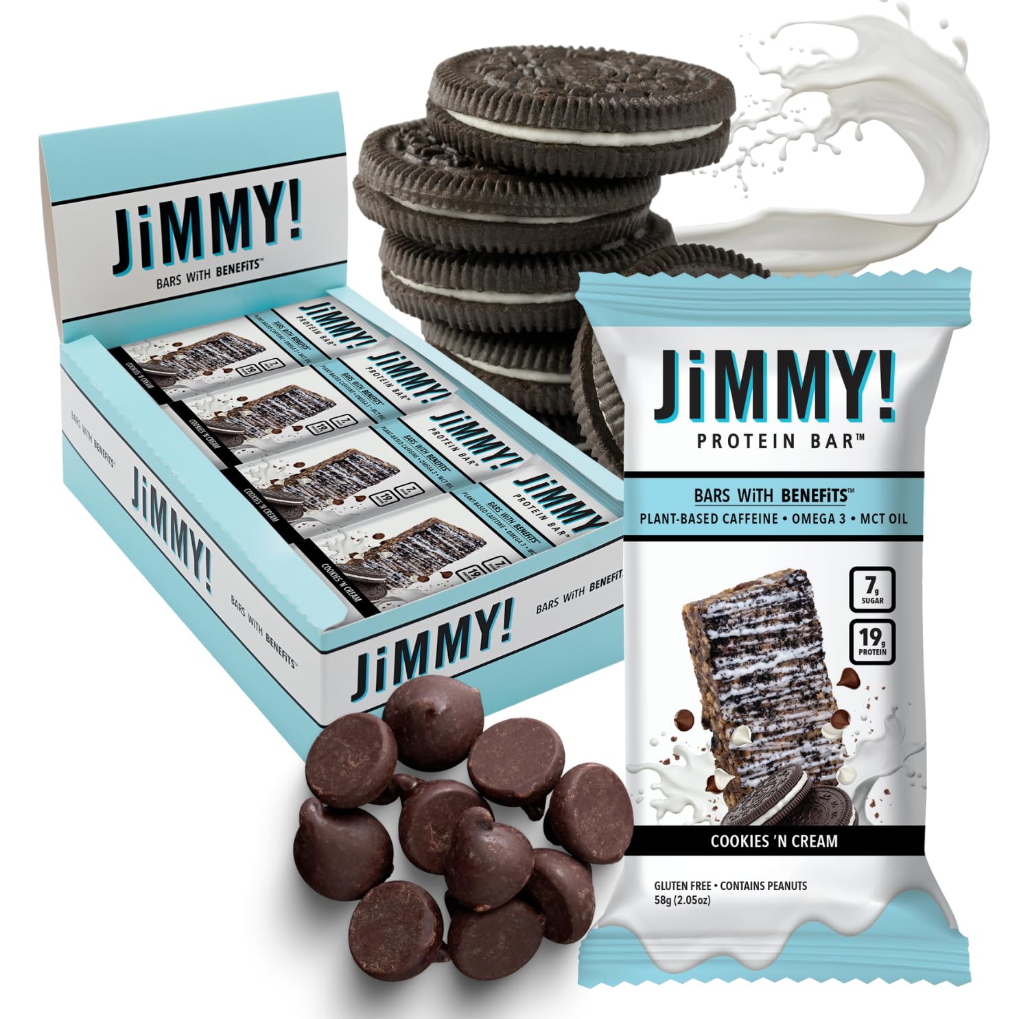 Jimmy's Protein Bar Cookies and Cream - 12 Pack, 18g Protein with Caffeine, Omega-3 & MCT Oil - Low Sugar, Gluten Free, Keto Friendly Energy Snack for Workouts, Hiking & On-the-Go Nutrition