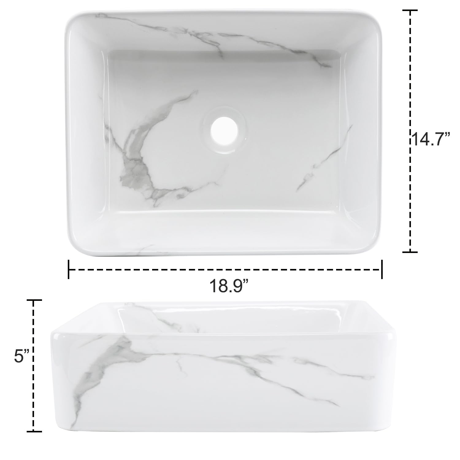 19x15 Inch Rectangular Marble Porcelain Ceramic Vessel Sink - Above Counter Bathroom Sink with Faucet & Pop-Up Drain Combo - Perfect for Modern Bathroom Vanity and Powder Room Renovation