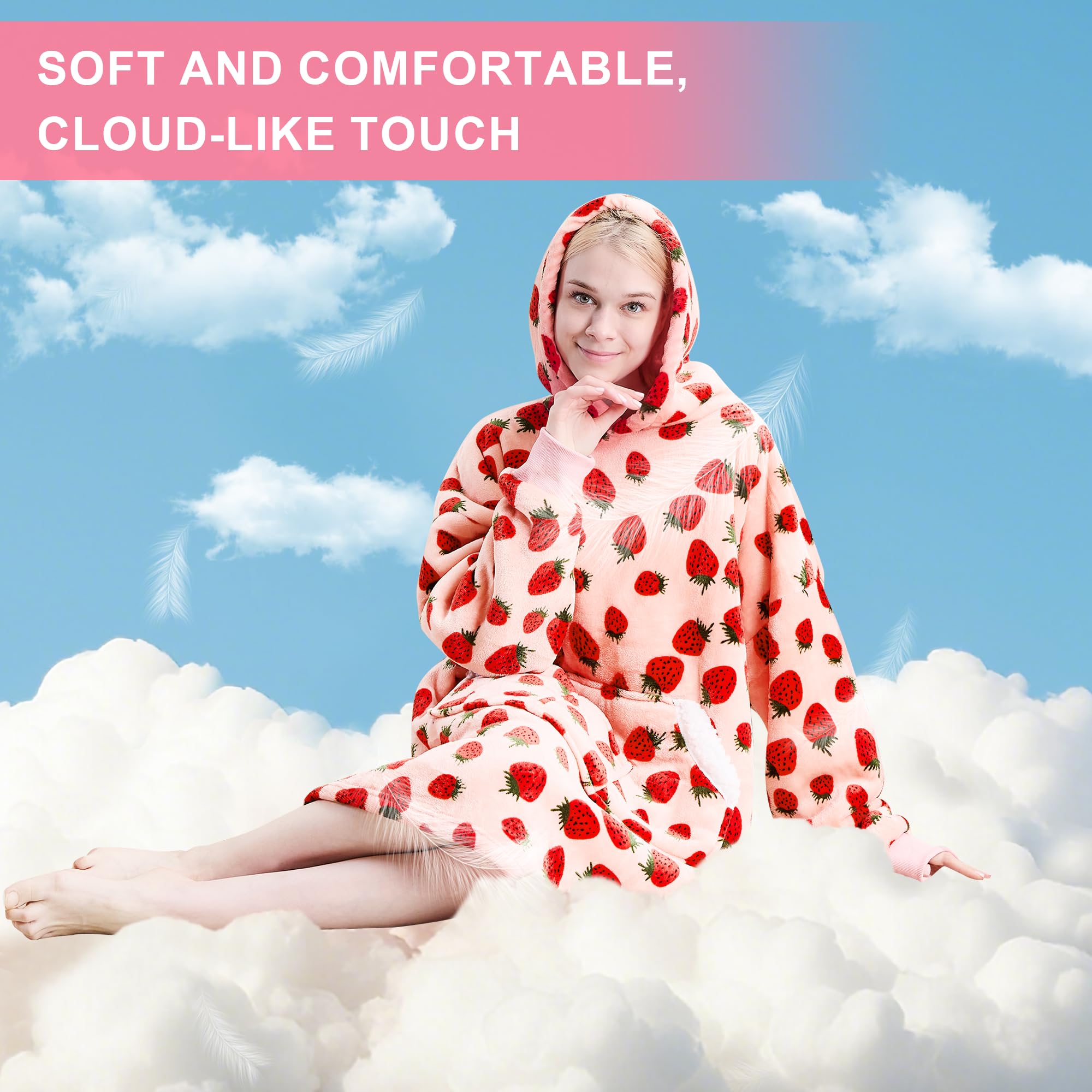 Cozy Oversized Sherpa Fleece Wearable Blanket Hoodie for Women - Warm Hooded Sweatshirt with Sleeves | Perfect Winter Gift & Lounge Wear for Home, Office, and Travel (Pink Strawberry)