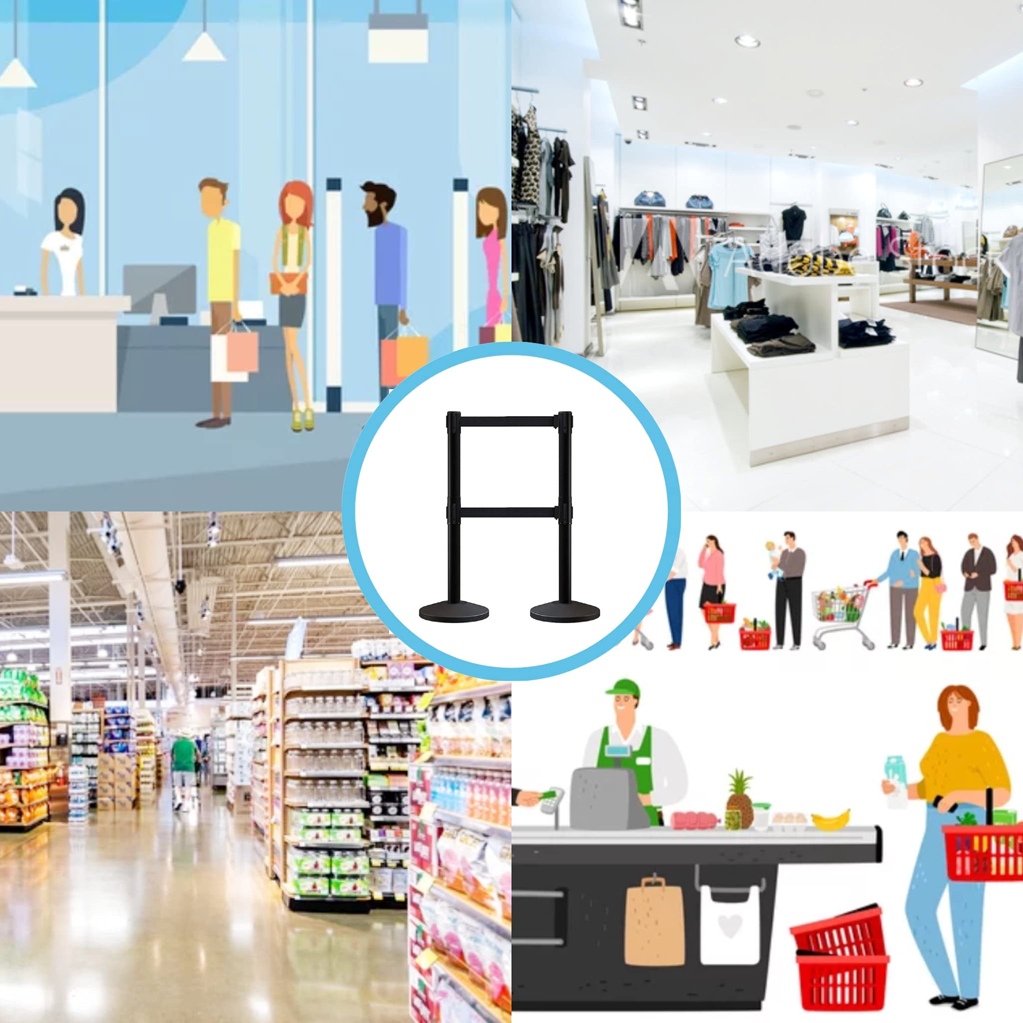 CCW Set of 2 Retractable Belt Barriers with Sloped Base - 11ft Black Dual Belt & Satin Stainless Steel Post - Perfect for Crowd Control in Retail Stores, Events, and Queue Management