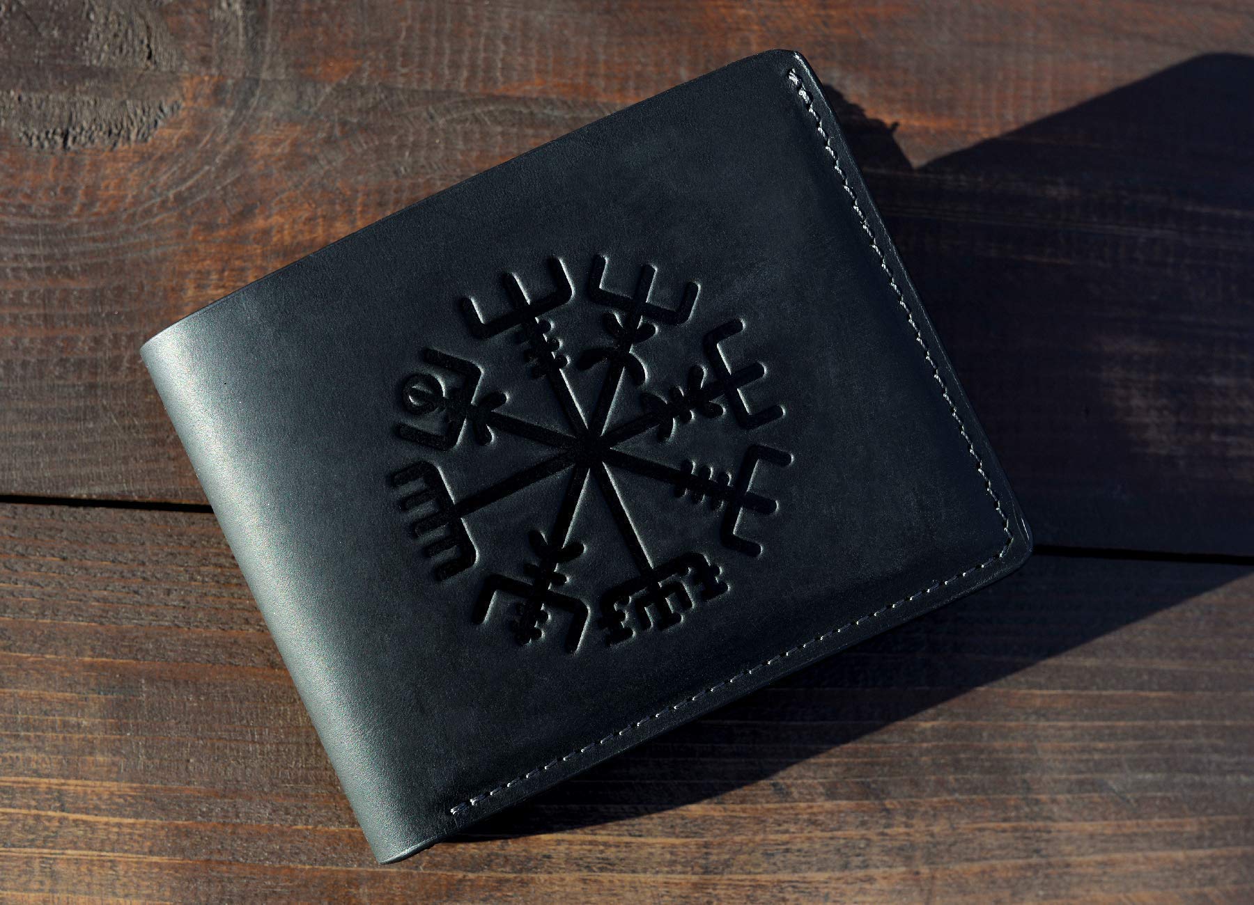 Genuine 100% Real Leather Handmade Vegvisir Wallet for Men - RFID Blocking Bifold Wallet with Viking Compass Symbol - Premium Black Leather Gift for Dad, Husband, Boyfriend - Perfect for Everyday Use, Travel & Business