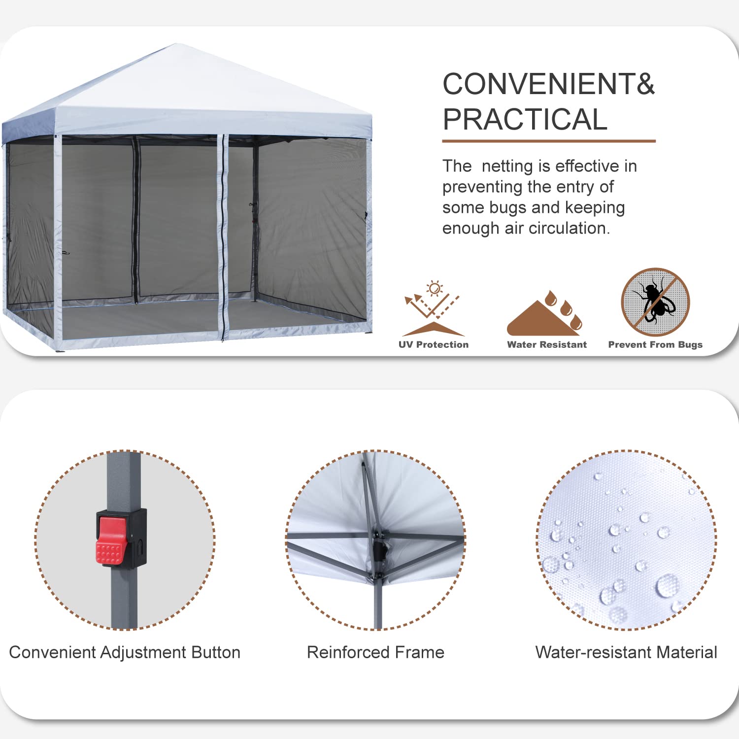 MASTERCANOPY 10x10 White Pop-Up Canopy Tent with Netting Screen Walls – Instant Shelter for Outdoor Events, Camping, Beach & Backyard Parties