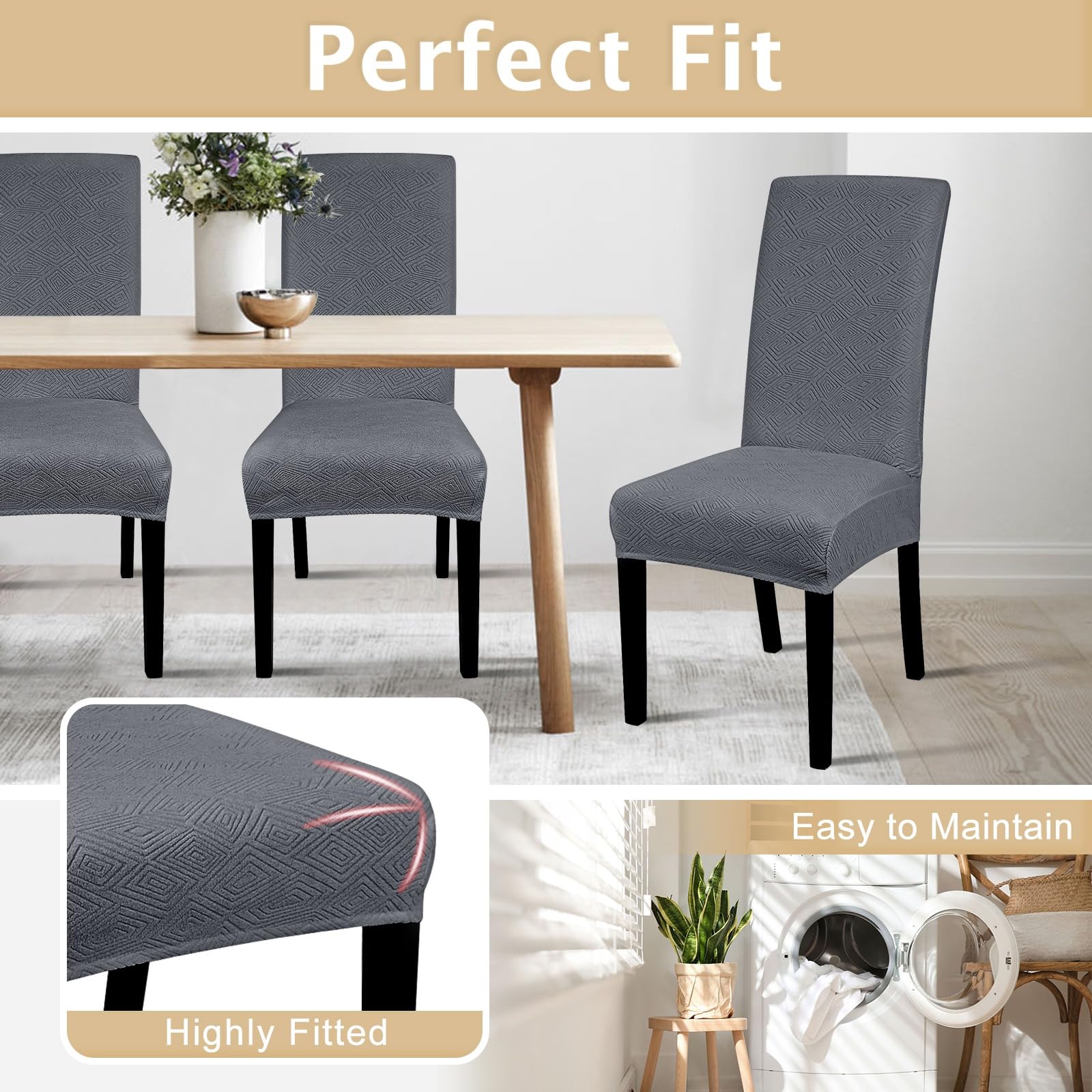 Stretchable Jacquard Dining Room Chair Covers Set of 6 - Washable Parsons Chair Slipcovers, Removable Kitchen Chair Protectors for Home, Hotel & Wedding Ceremony (Grey) - Perfect for Dining Room Decor, Restaurant Seating & Event Furniture Protection