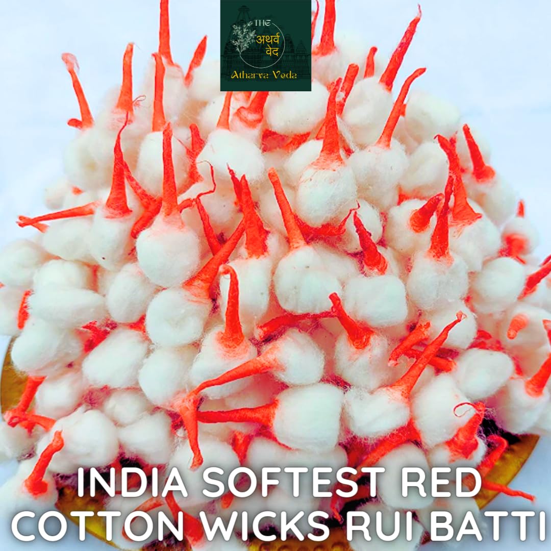 Premium 1200+ Pcs Atharva-Veda Cotton Wicks for Pooja - Softest Rui Batti for Diya & Puja Rituals | Kesar Scented Round Cotton Wicks with Herbal Fragrance - Perfect for Hindu Ceremonies, Temple Worship & Home Blessings