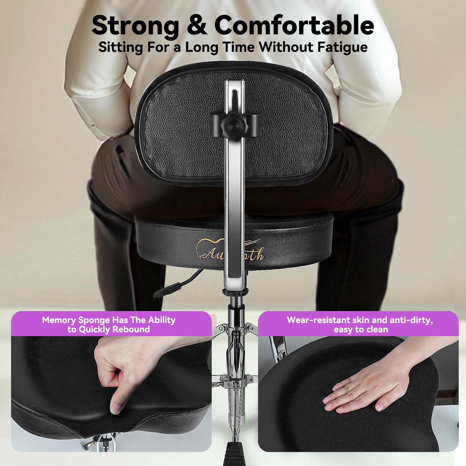 **Adjustable Hydraulic Drum Throne with Backrest & Memory Foam Seat – Stable, Comfortable Drum Stool for Adult Drummers & Guitar Players – Perfect for Live Performances & Studio Sessions – Black**