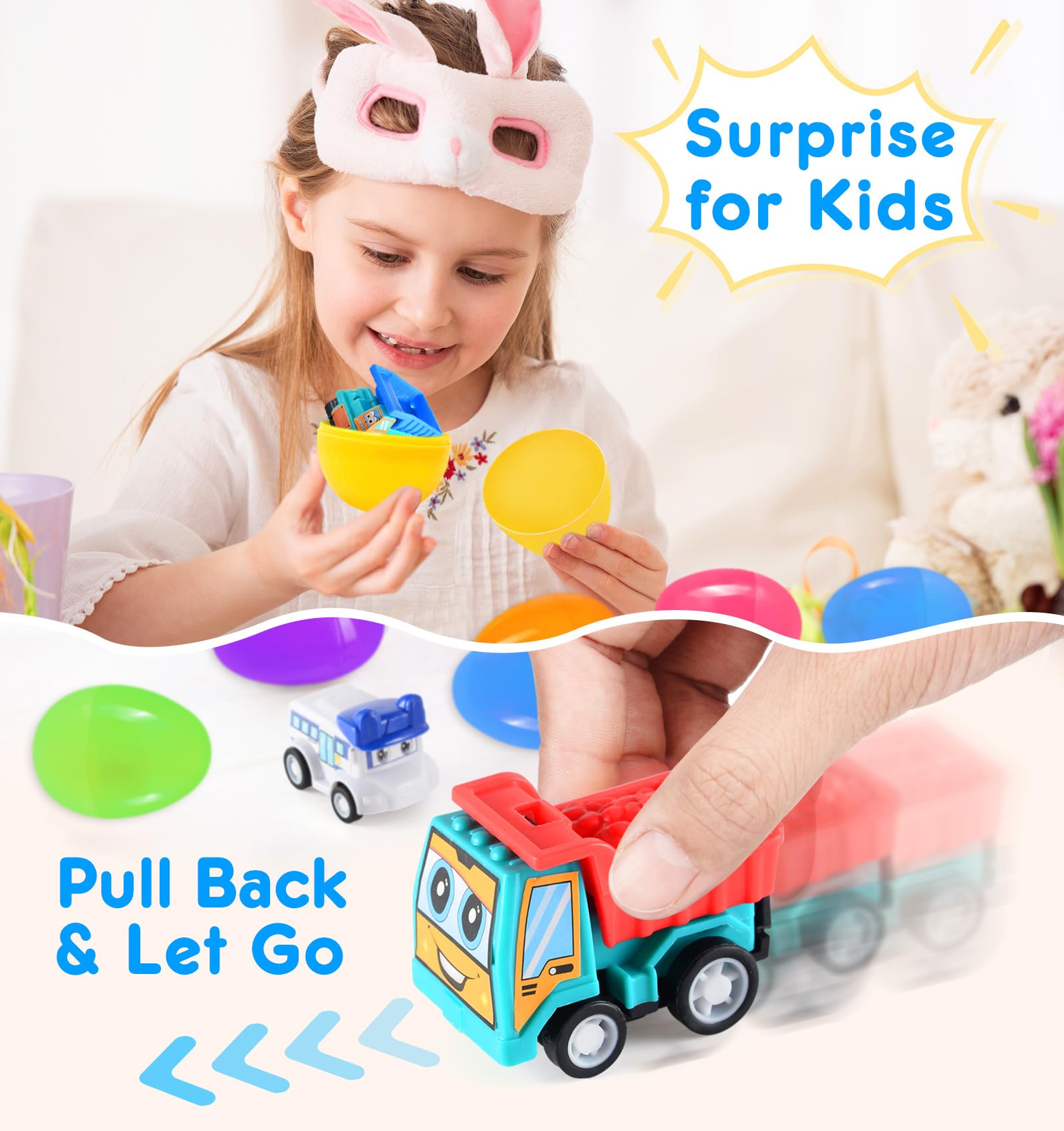 24 Pack Prefilled Easter Eggs with Pull Back Construction Vehicle Toys Inside - Easter Basket Stuffers for Toddlers, Kids, Boys & Girls - Perfect for Easter Egg Hunts, Party Favors & Gift Fillers