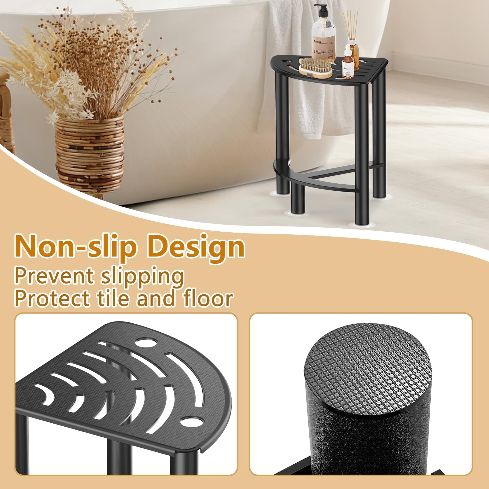 YUOROS Metal Shower Bench - Waterproof Shaving Stool with Non-Slip Feet for Elderly & Disabled - Compact Corner Shower Seat for Bathroom Safety (Ideal for Leg Shaving, Foot Care & Relaxation)