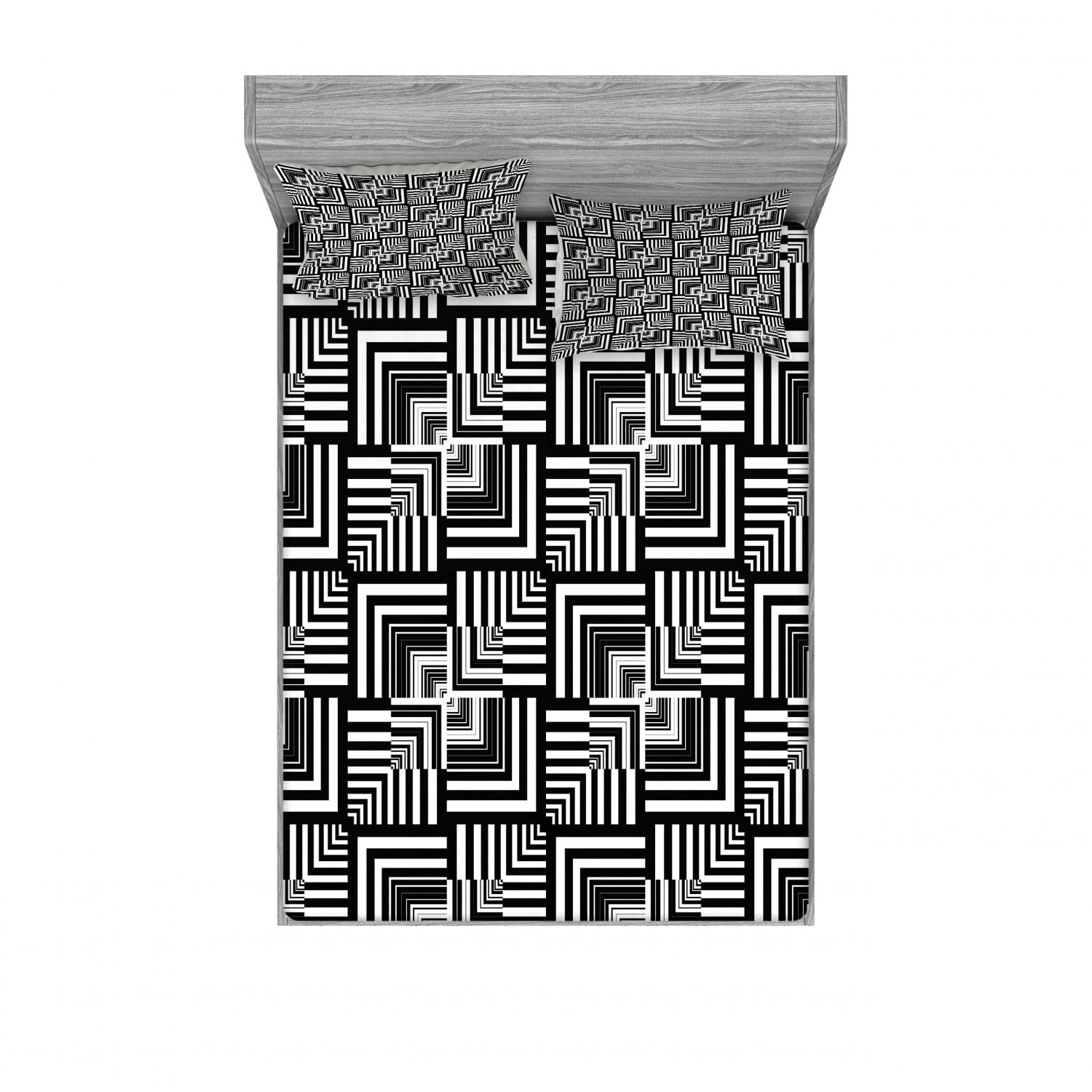 Ambesonne 2-Pack Queen Size Fitted Sheet Set with 4 Pillow Shams - Black & White Geometric Pattern Bedding - Modern Luxury 4-Piece Bed Sheet Set for Master Bedroom, Guest Room & Dorm Decor