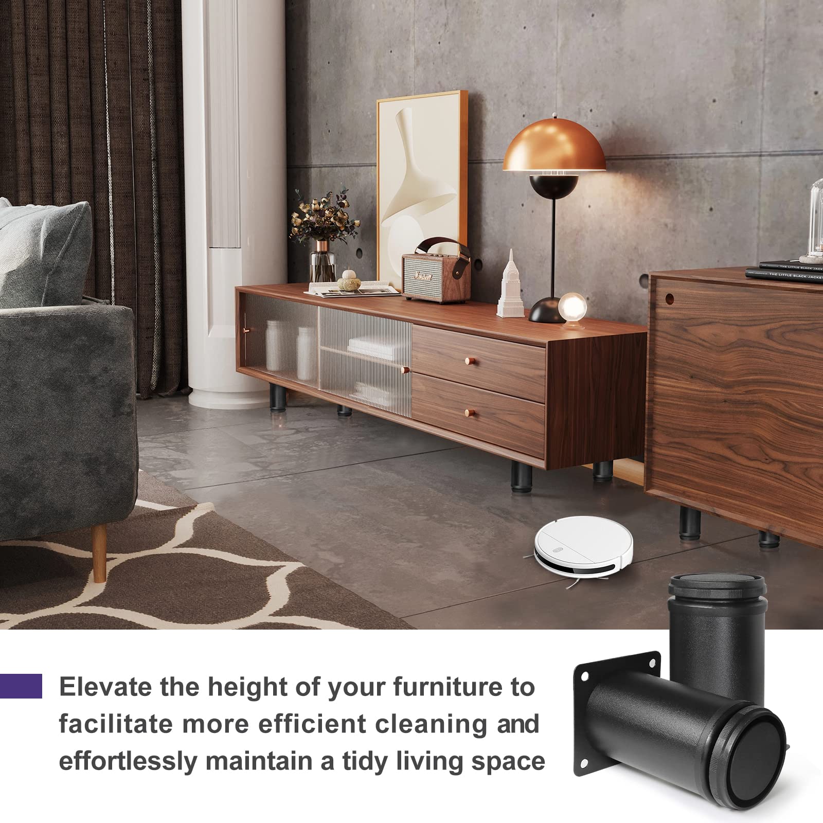 4 Inch Adjustable Stainless Steel Metal Furniture Legs - Round Black Cabinet Legs for Coffee Table, Desk, Sofa & Shelves (Set of 8) | Durable Modern Home & Office Decor Support