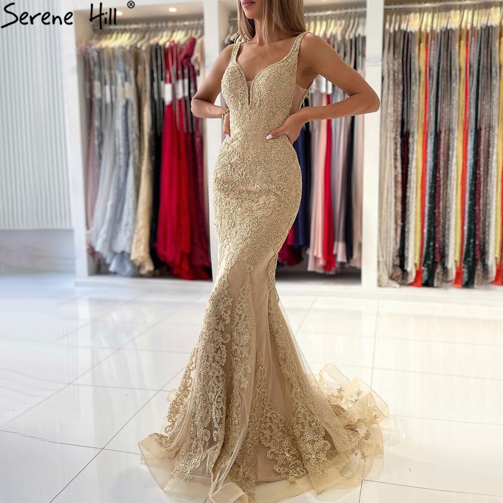Serene Hill Gold Mermaid Evening Gown 2025 - Elegant Lace Beaded Luxury Dress for Women | Formal Party, Prom, Wedding Guest, Red Carpet Events