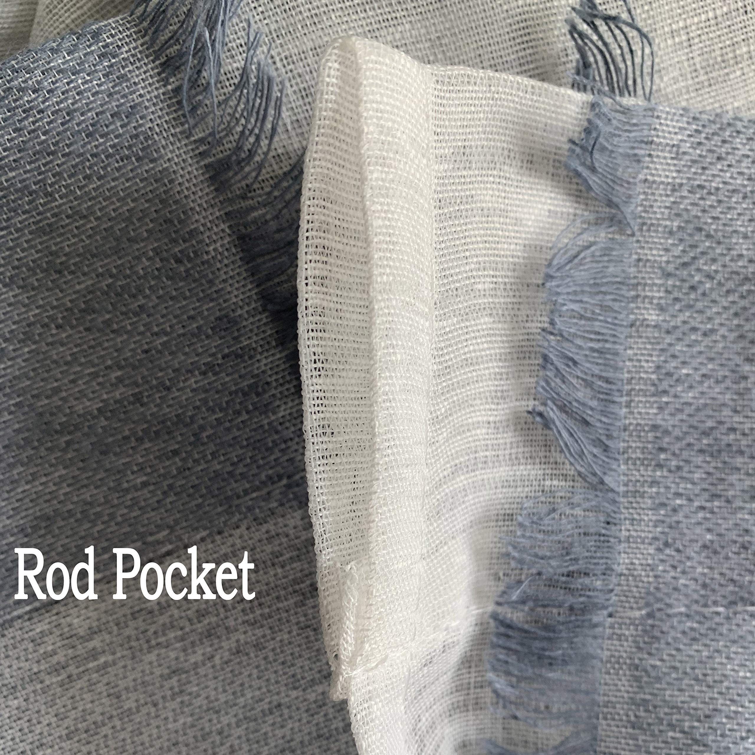 Steel Blue & White Striped Farmhouse Kitchen Curtains - 36 Inch Length Sheer Cafe Curtains with Boho Tassels (38