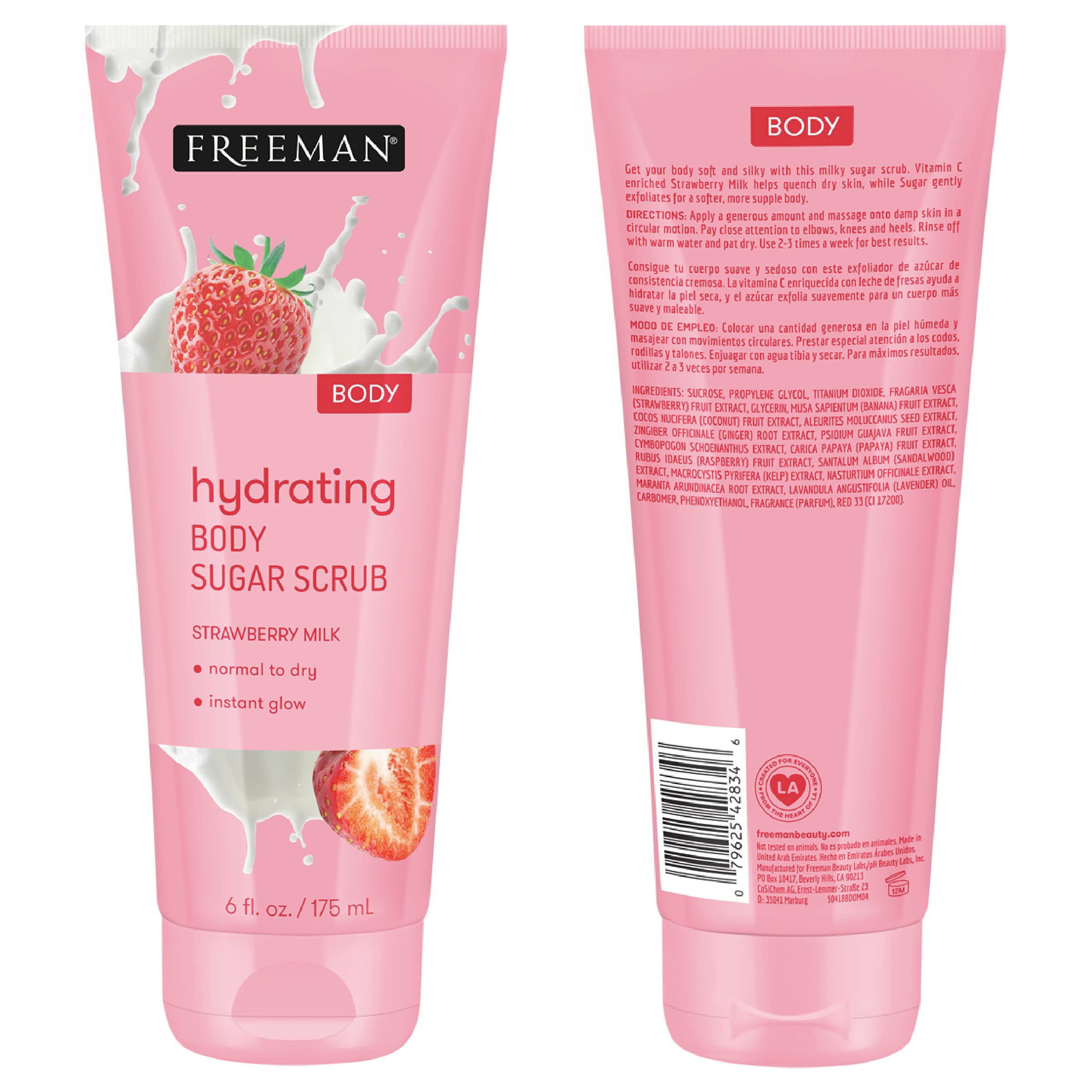 Freeman Sugar Body Scrub Set - Strawberry Milk, Green Tea & Coffee Exfoliating Scrubs | Hydrating & Deep-Cleansing Skincare | Removes Dirt, Oil & Impurities | Prepares Skin for Self-Tanning | 3-Pack | Perfect for Spa Day, Pre-Tan Routine & At-Home Skincare