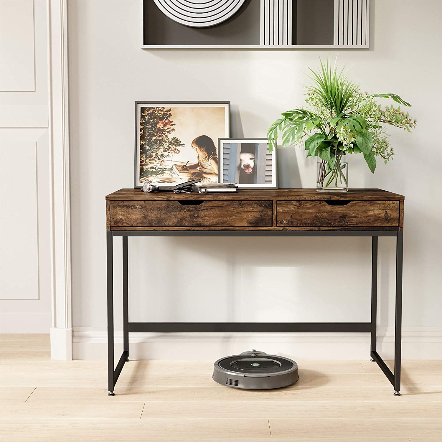 Bestier Small Rectangular Office Desk - Minimalist Writing Computer Workstation with 2 Large Drawers, Rustic Brown - Perfect for Home Office, Study Room & Vanity Makeup Area