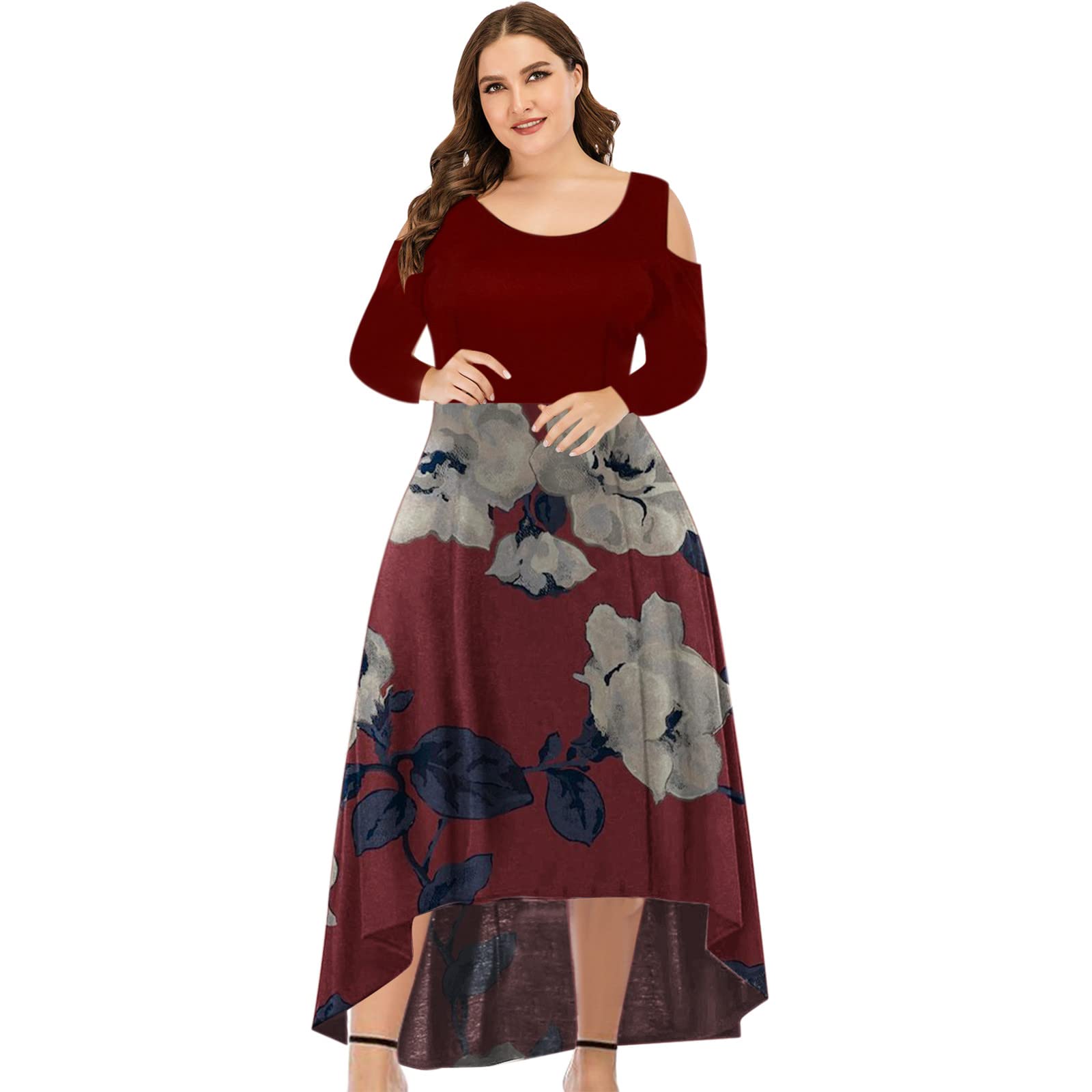 Plus Size Floral Midi Dress for Women - Round Neck, Long Sleeve, Off Shoulder with Elastic Waist & Ruffle Hem | Perfect for Casual Outings, Date Nights & Special Occasions