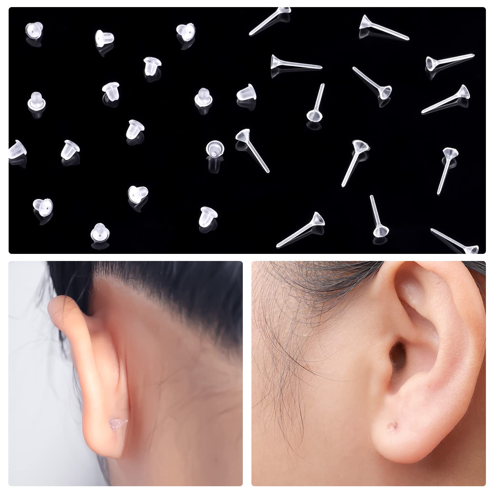 100 Pairs Clear Plastic Earrings for Women & Men - Invisible Earring Protectors, 3mm Cup-Headed Stud Earrings for Sports, DIY Jewelry Making - Gym, Running, Workout, Swimming, Daily Wear