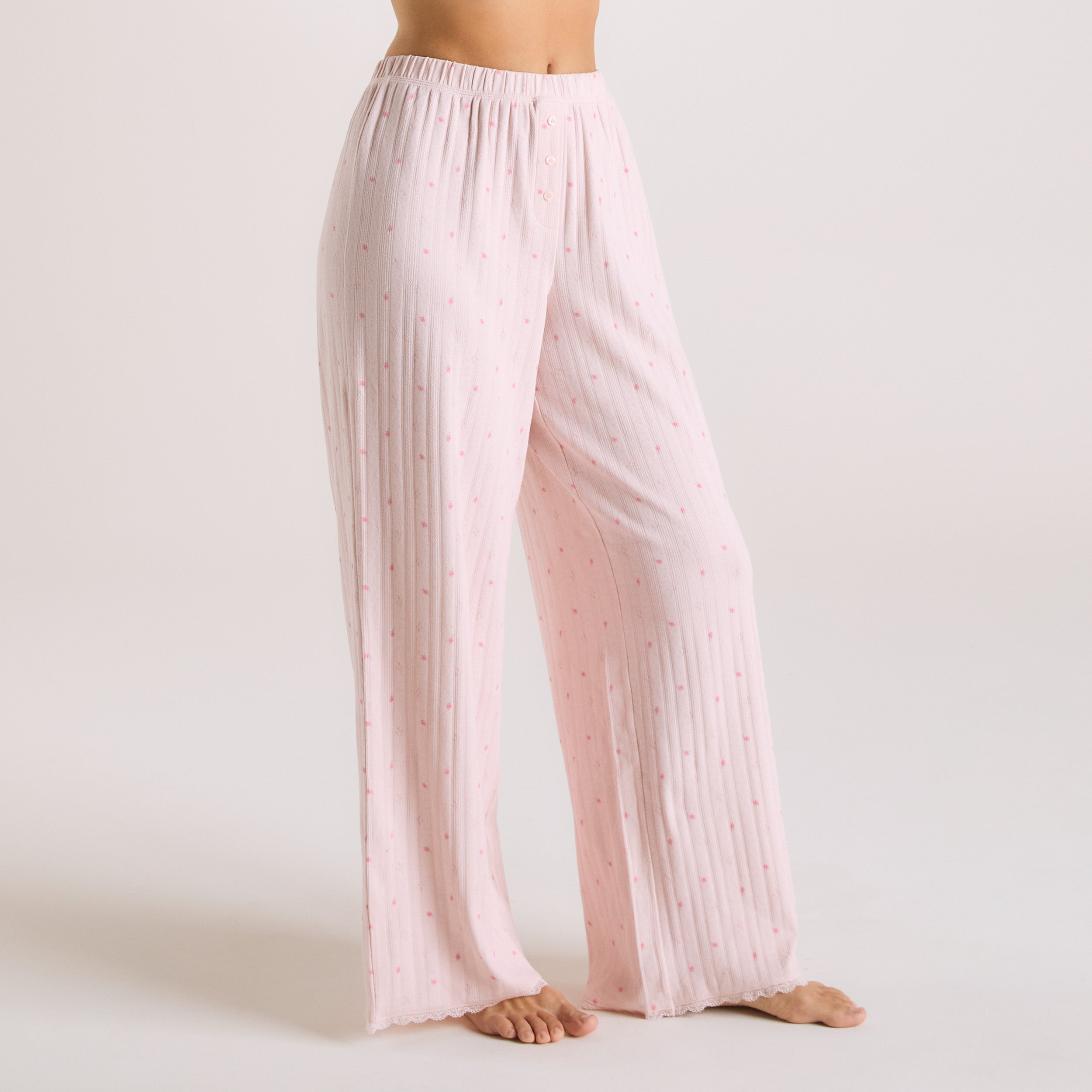 Women's Pink Floral Pointelle Pajama Pants - Soft & Breathable Sleepwear for Cozy Nights & Relaxing at Home