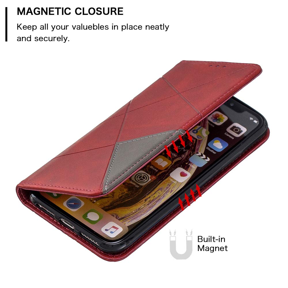 Premium Leather Wallet Case for iPhone X/Xs - Slim Folio Flip Cover with Kickstand, Magnetic Closure & Credit Card Slots (Red) | Perfect for Business, Travel & Everyday Protection
