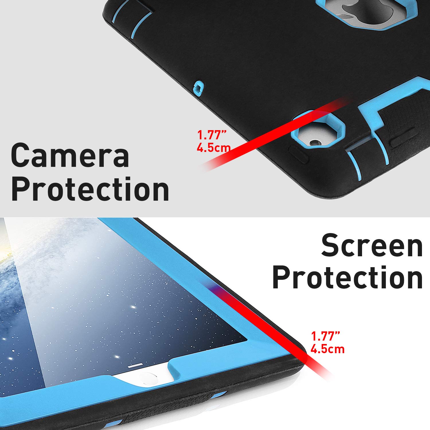 AICase Rugged Hybrid 3-Layer Protective Case with Kickstand & Stylus for iPad 2/3/4 - Shockproof Heavy Duty Armor Cover (Black+Light Blue) | Perfect for Work, Travel & Outdoor Adventures