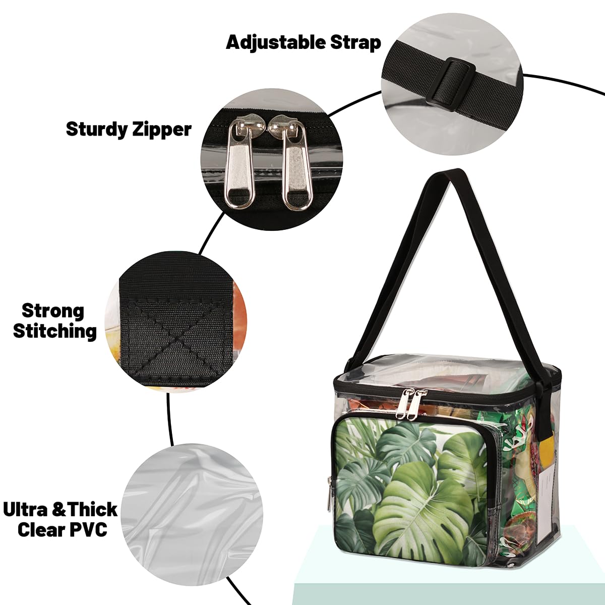 GzLeyigou Clear Tote Bag with Tropical Palm Leaves Design - Transparent Crossbody Shoulder Bag for Women, Lunch Bag for Outdoor, Travel, Picnic, Concerts & Sports Events (Stadium Approved) - Perfect for Beach Vacation, Music Festivals and Shopping
