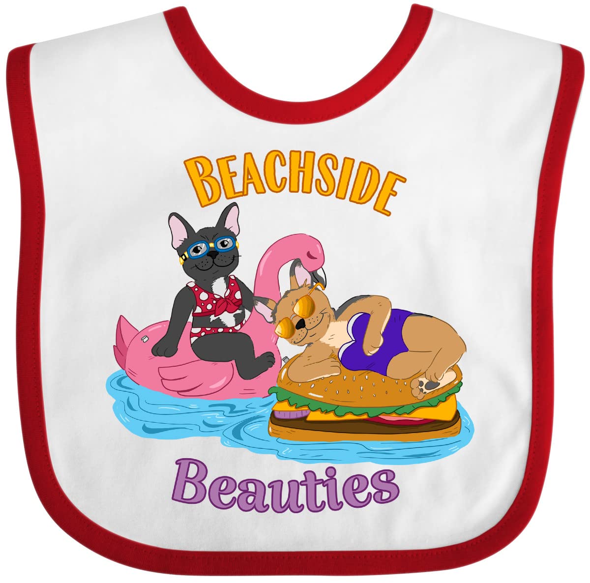 Inktastic Beachside Beauties Cute French Bulldogs on Pool Floaties Baby Bib - Soft Cotton Drool Bib for Infants, Perfect for Beach Vacations, Pool Parties & Summer Outings