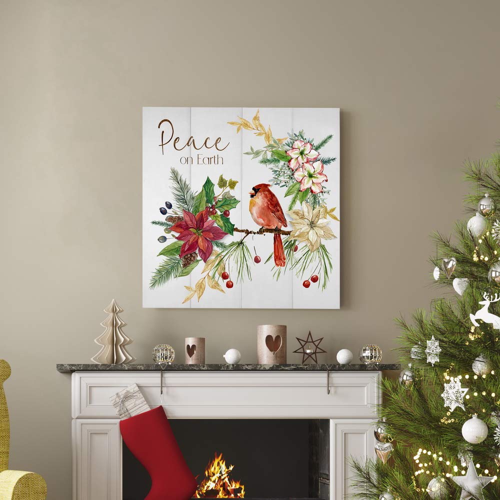 Premium Gallery Wrapped Canvas Wall Art - Peace on Earth Christmas Winter Decor with Poinsettia, Red Cardinal & Pine Cones | Ready to Hang 40x40 Inches | Made in USA | Perfect for Holiday Home Decor, Living Room, Office & Gift Giving