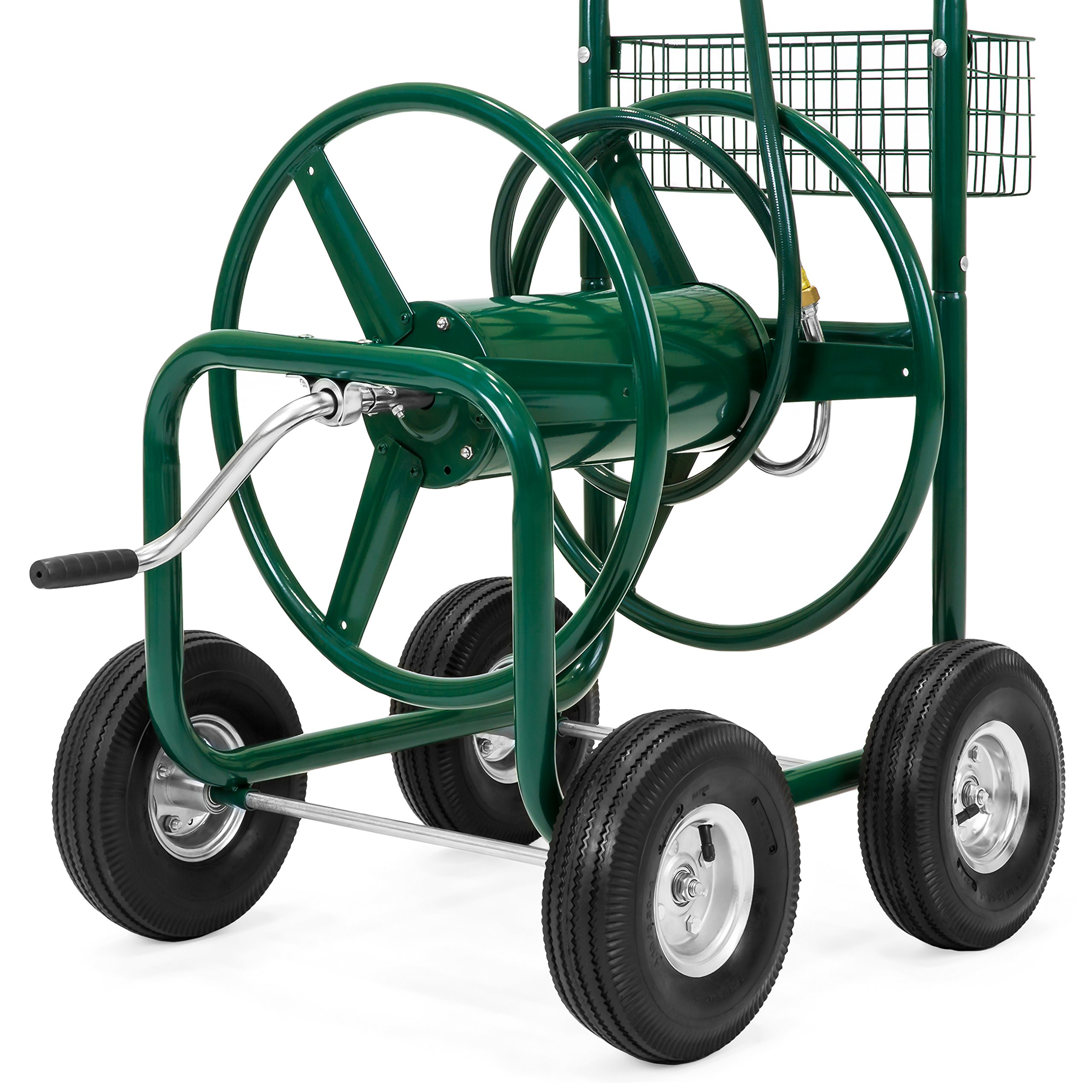 Best Choice Products 300ft Heavy Duty Garden Hose Reel Cart with Storage Basket - Green Outdoor Watering Solution for Lawn, Yard & Gardening
