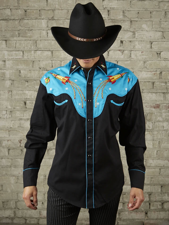 Rockmount 6726 Men's 2-Tone Space Cowboy Embroidered Western Shirt - Black & Turquoise - Perfect for Country Music Festivals, Rodeos & Western Fashion