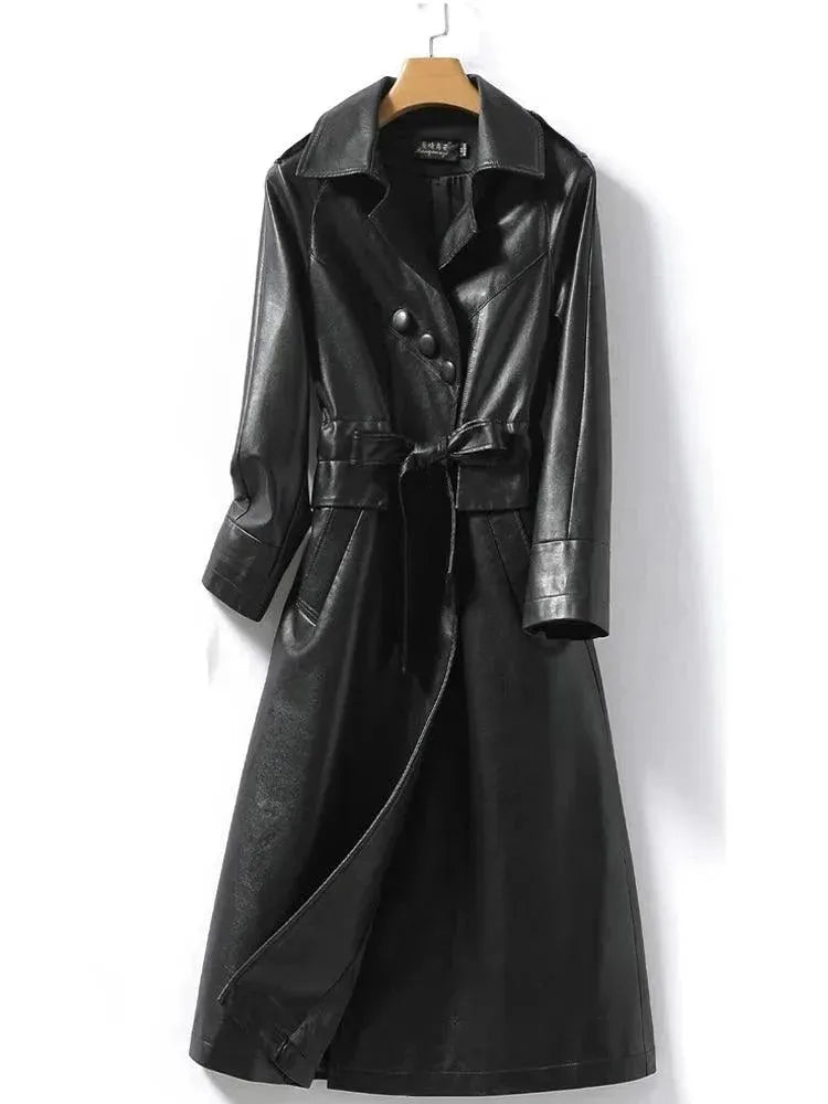 Women's Long Belted Leather Overcoat - Classic Trench Coat with Adjustable Waist for Fall & Winter | Perfect for Office, Travel & Formal Occasions
