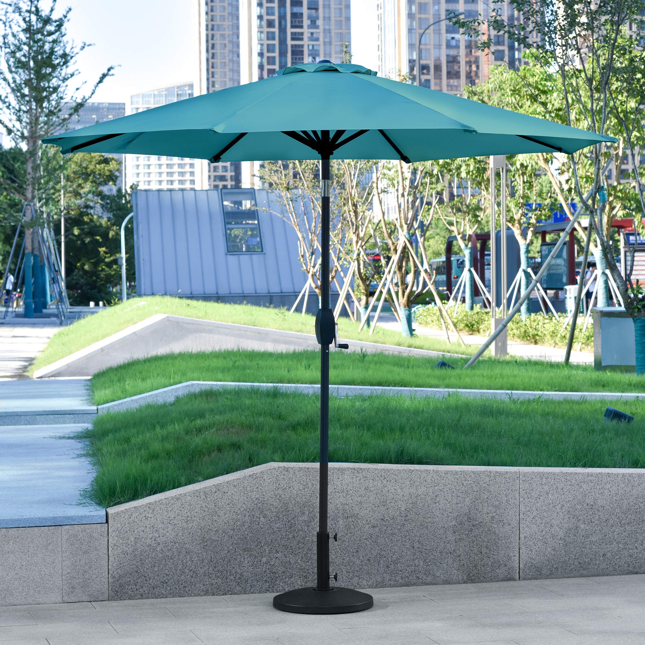 WestinTrends Paolo 9 Ft Outdoor Patio Umbrella with 30 lb Decorative Concrete Base - Turquoise Market Table Umbrella for Poolside, Garden, and Backyard Dining