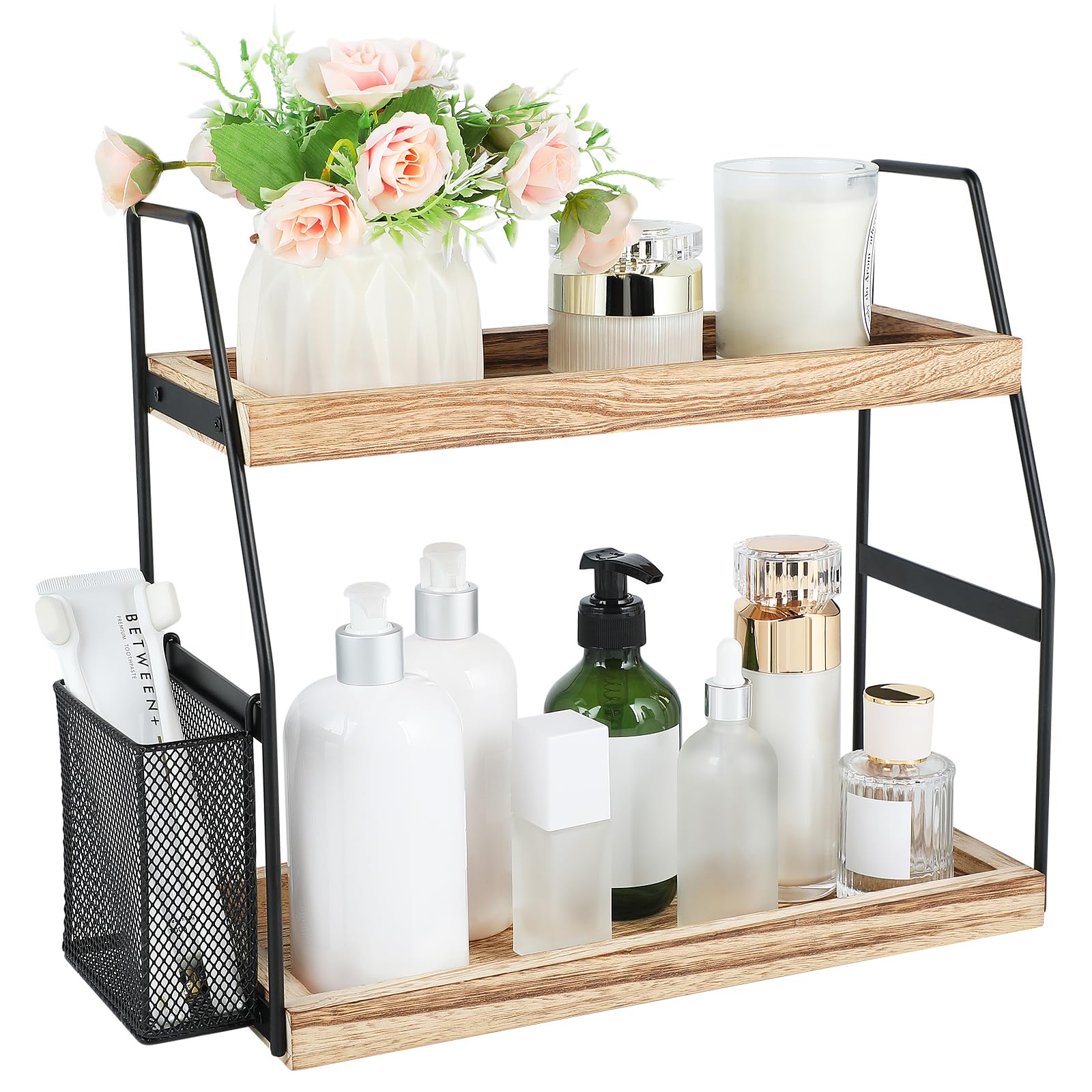 2-Tier Bathroom Counter Organizer with Wood Tray & Storage Basket - Vanity Organizer for Skincare, Makeup & Cosmetics - Perfect for Small Spaces, Countertop Storage & Bathroom Decor