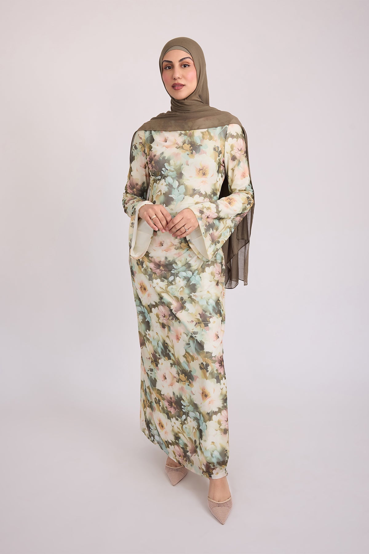 Tatiana Women's Sage Green Satin Maxi Dress with Bell Sleeves - Elegant Long Formal Gown for Weddings, Parties & Special Occasions