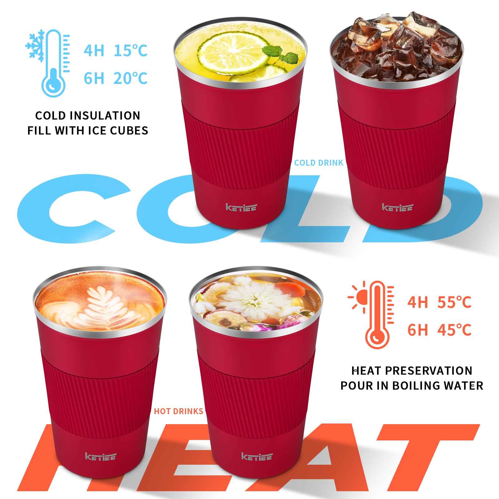 **KETIEE 12oz Vacuum Insulated Stainless Steel Travel Coffee Mug - Leakproof Lid, Double Wall Insulation for Hot & Cold Drinks, Reusable Tumbler for Coffee, Tea, or Smoothies - Perfect for Commuting, Office, or Outdoor Adventures (Red)**
