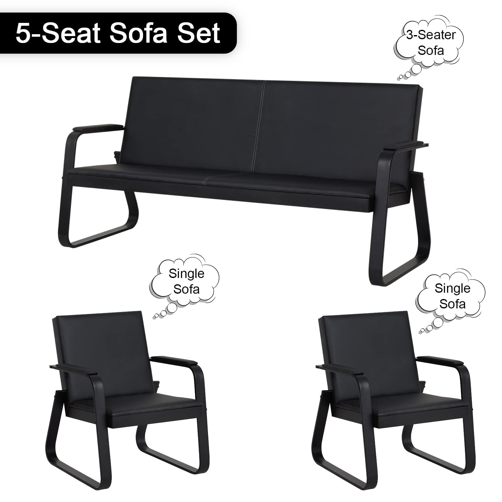 Kinsuite 5-Seat PU Leather Waiting Room Chairs - Modern Reception Guest Chairs for Office, Lobby, Airport, Barber Shop & Clinic - Durable Bench Seating with Comfortable Cushions
